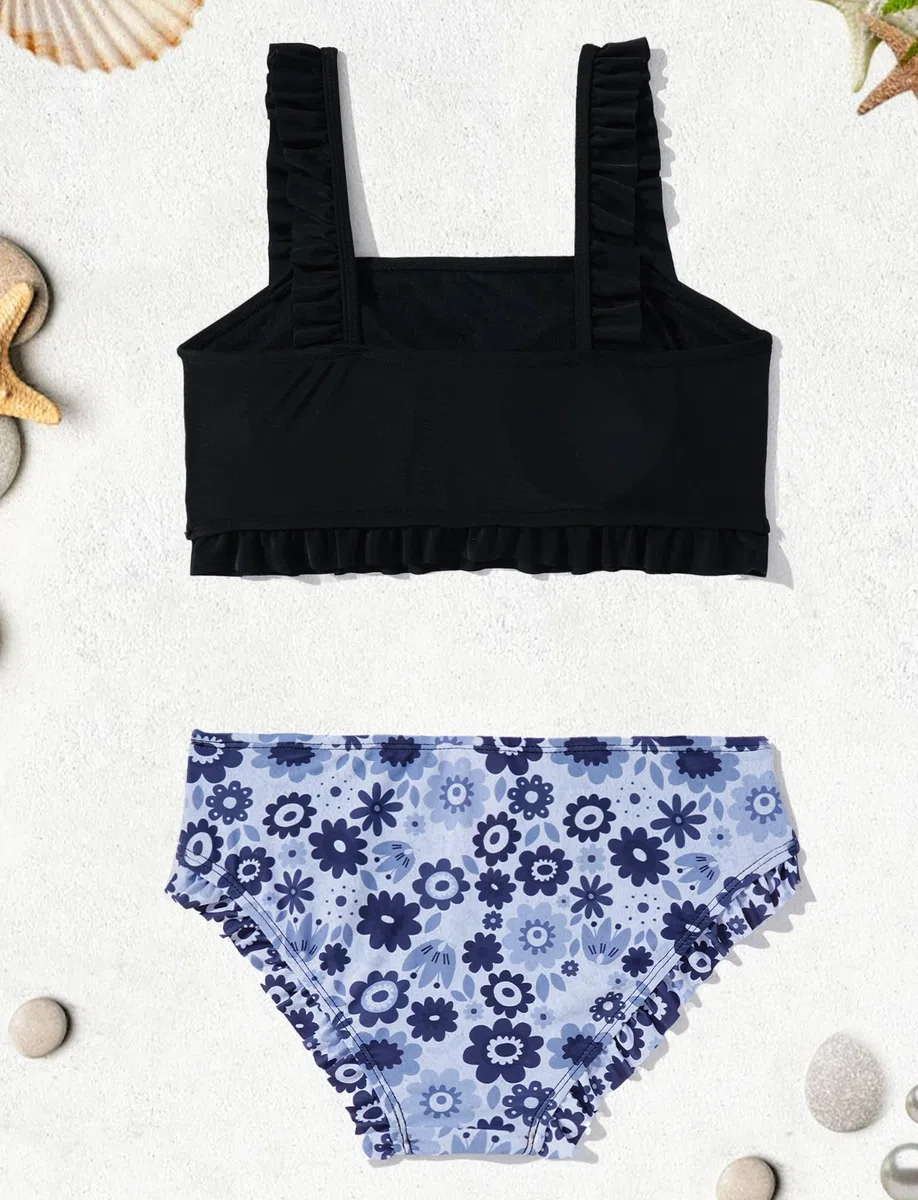 Happy Cherry Ragazze 2 Pezzi Bikini Costumi da Bagno Bambina Costume Mare Spiaggia Piscina Stampato Floreale Volant Estate Swimwear con Imbottitura Rimovibile 5-14 Anni