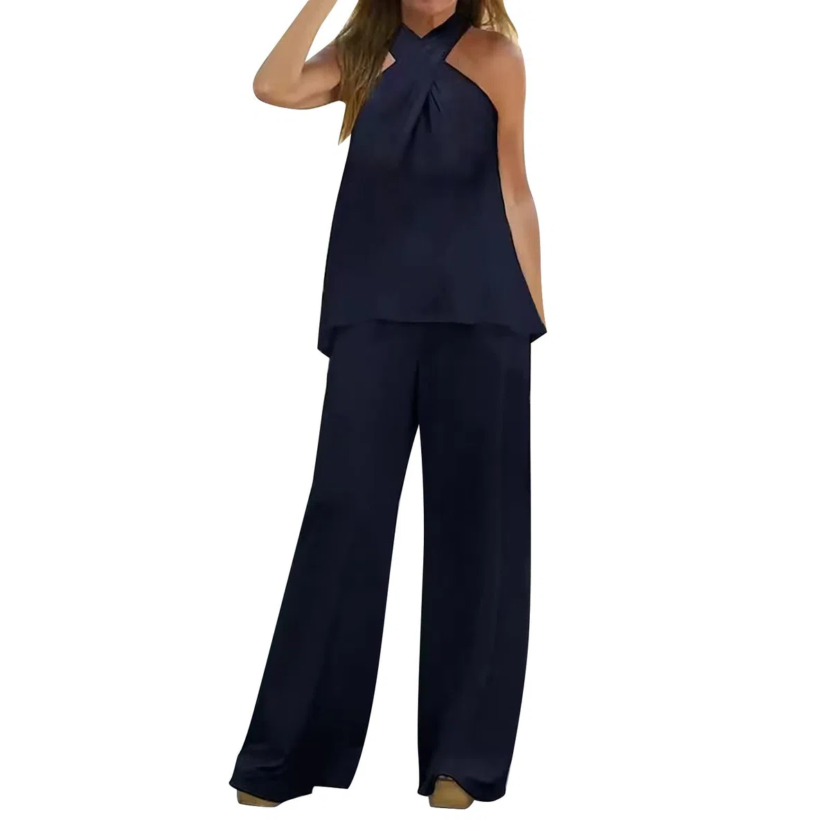 MJGkhiy Tuta da Cerimonia Donna Eleganti Senza Maniche Camicia + Pantaloni Set Trasparente Larghi Curvy Completo Abito da Sera in 2 Pezzi Completo Cerimonia Donna Curvy