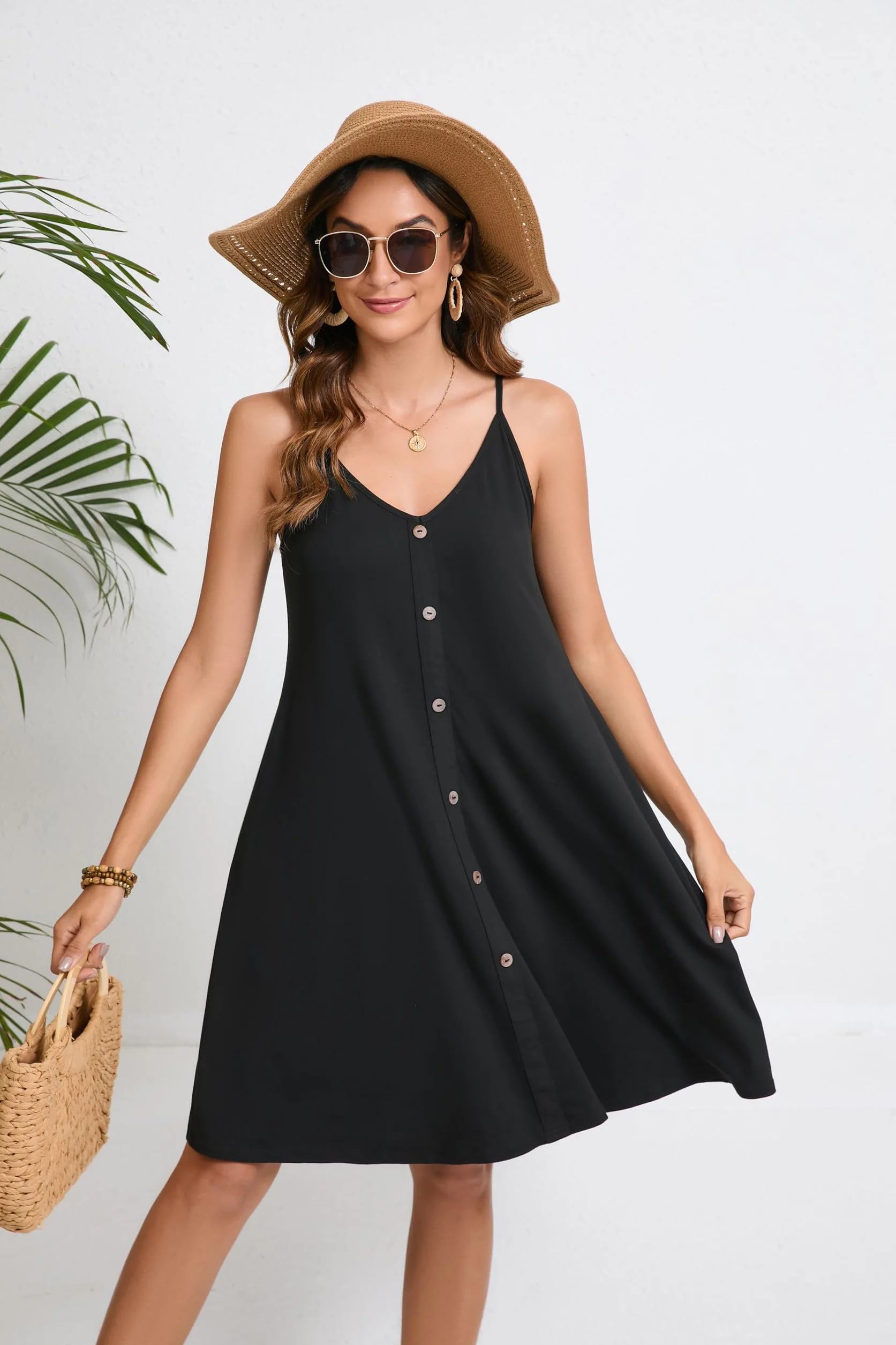 Enmain Abito Estivo da Donna Casual Floreale Cinturino per Spaghetti Senza Maniche Abiti Estivi Vestito Scollo a V con Tasche per Spiaggia Hawaii S-XXL