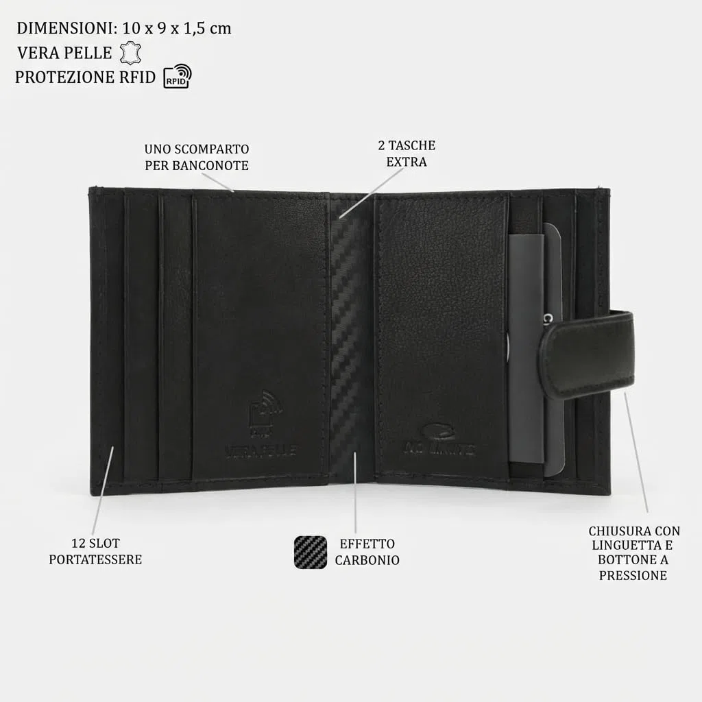 No Limits Porta Carte di Credito Uomo in Vera Pelle, Portafoglio Slim, Con Protezione RFID, Con Scatola, Nero