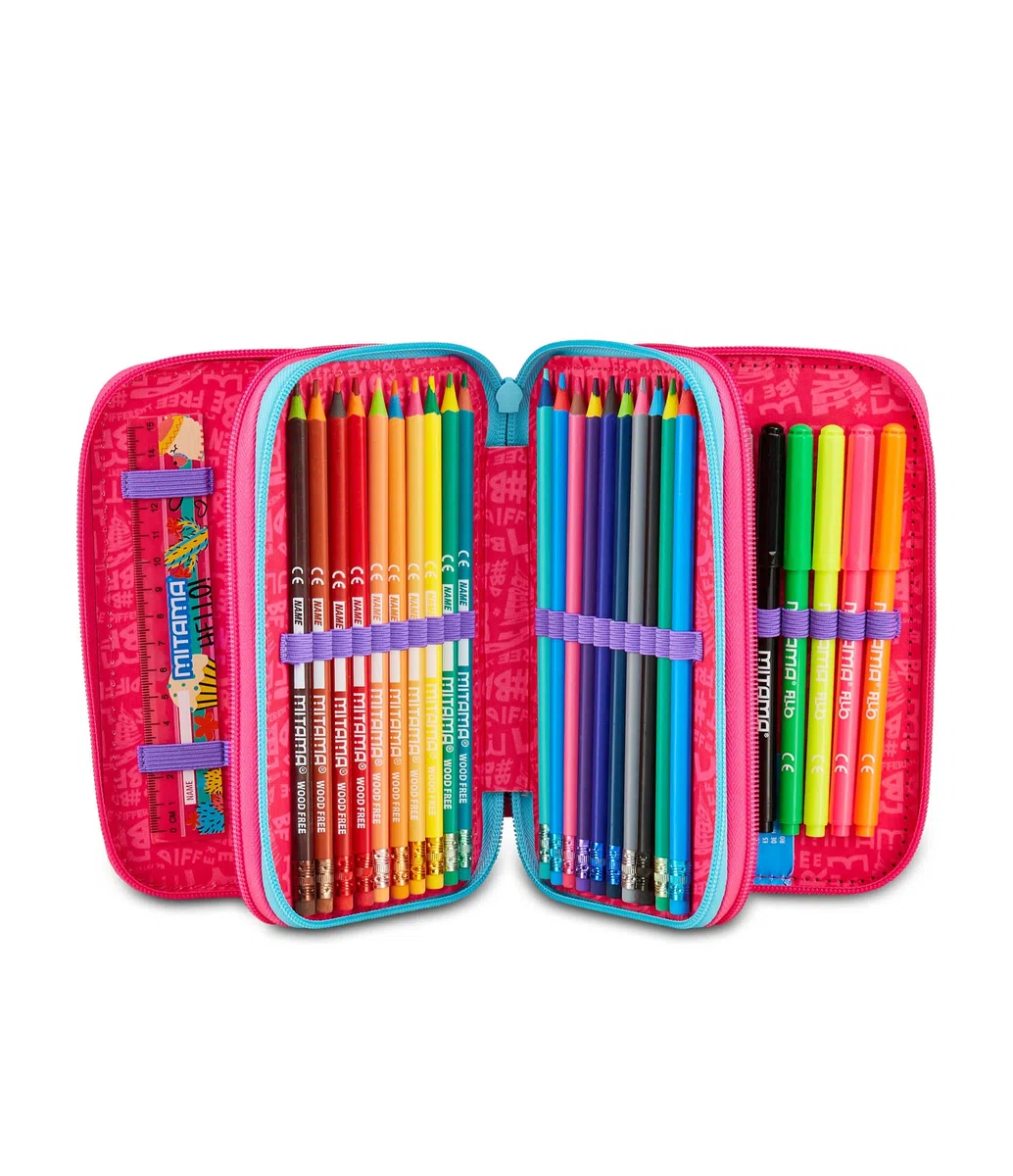 Mitama Astuccio Scuola 3 Scomparti, SUPER TRIPLO BUBBLE DREAMS, Contenuto 47 pz, Completo di Matite, Pennarelli, Portapenne Scuola Elementare Bambina