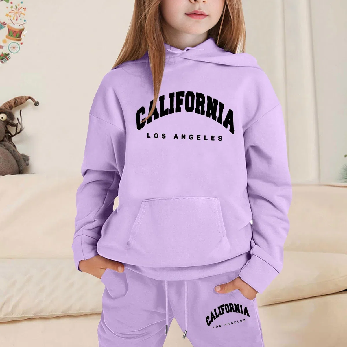Tuta da jogging per bambini, set di tuta sportiva per ragazze, elegante set di abbigliamento invernale casual con cappuccio stampato alla moda, per bambini da 1 a 9 anni con
