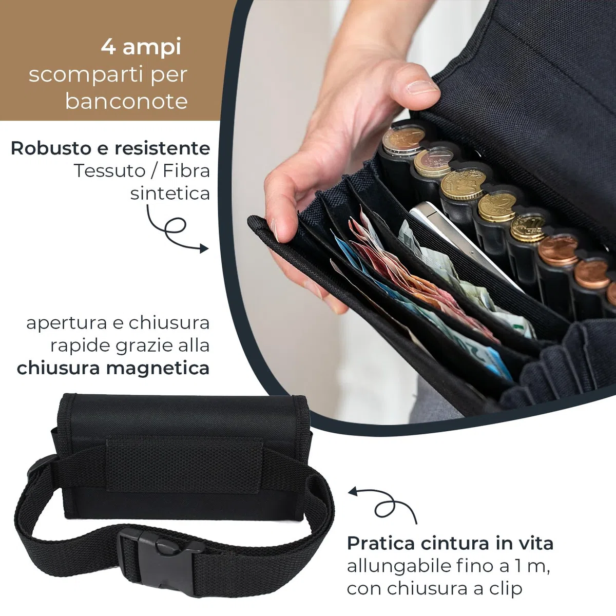 HMF Portafoglio da cameriere con cintura regolabile, borsa da cameriere con cambiamonete in euro | 20,5 x 10 x 6,5 cm | Nero