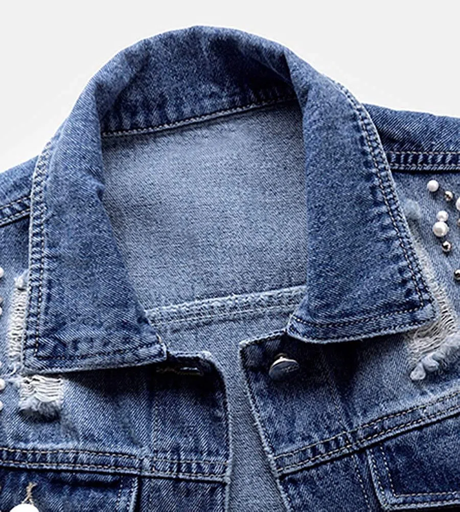 Lazutom Gilet da donna senza maniche in denim con perle e perline