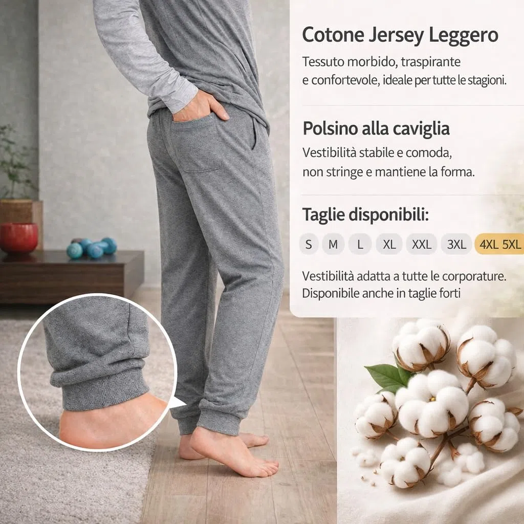 Leedya Pigiama Uomo Lungo in Cotone Jersey 100% Pettinato - Stile e Comfort in Ogni Dettaglio - Pigiama Leggero per Le Notti Estive - Polsini No Stress