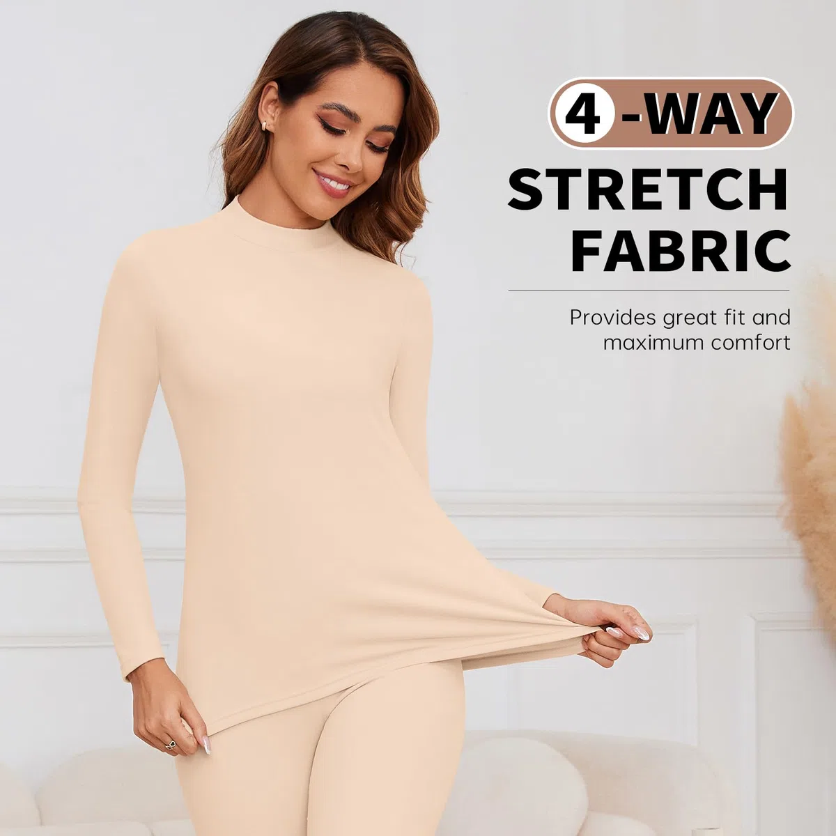 WOWENY Biancheria intima termica da donna in pile, biancheria intima invernale calda, funzionale, con colletto alto e pantaloni termici, leggings per tutti i giorni, sci, escursionismo