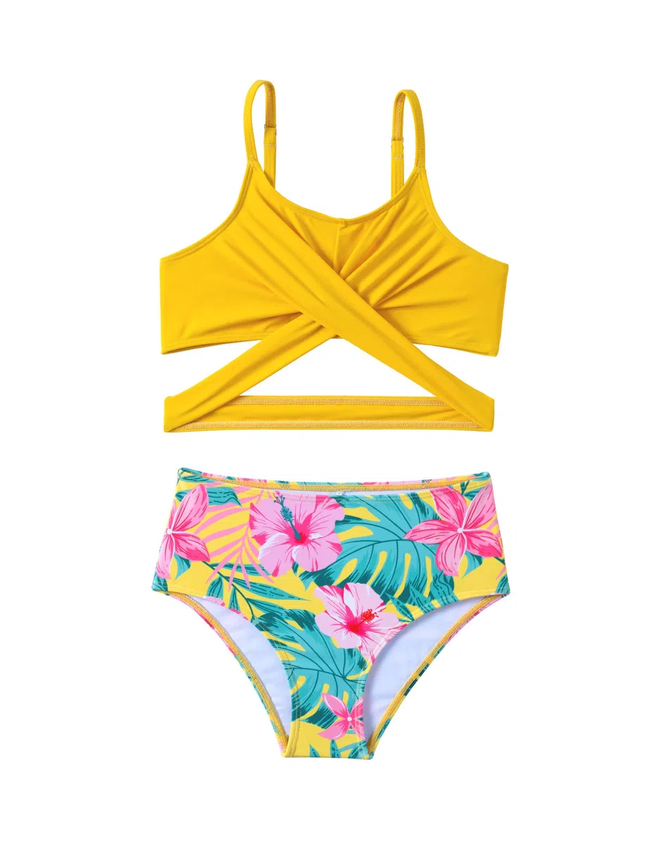 Arshiner Bikini da bambina con pareo, set da 3 pezzi, costume da bagno estivo da spiaggia, bikini per bambini 7-15 anni