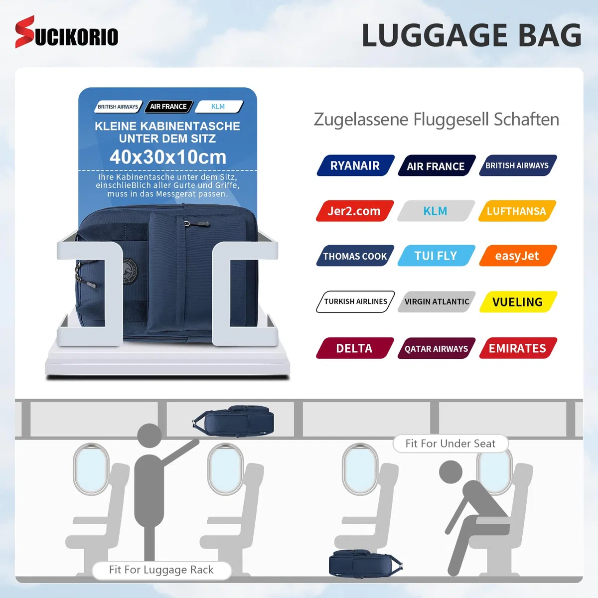 40x30x10cm Lufthansa Air France British Airways Zaino da Viaggio Aereo Bagaglio a Mano, Impermeabile Oxford Zaini Bagaglio a Mano Uomo Donna Zainetto Porta PC 14 Pollici per Scuola, Viaggio