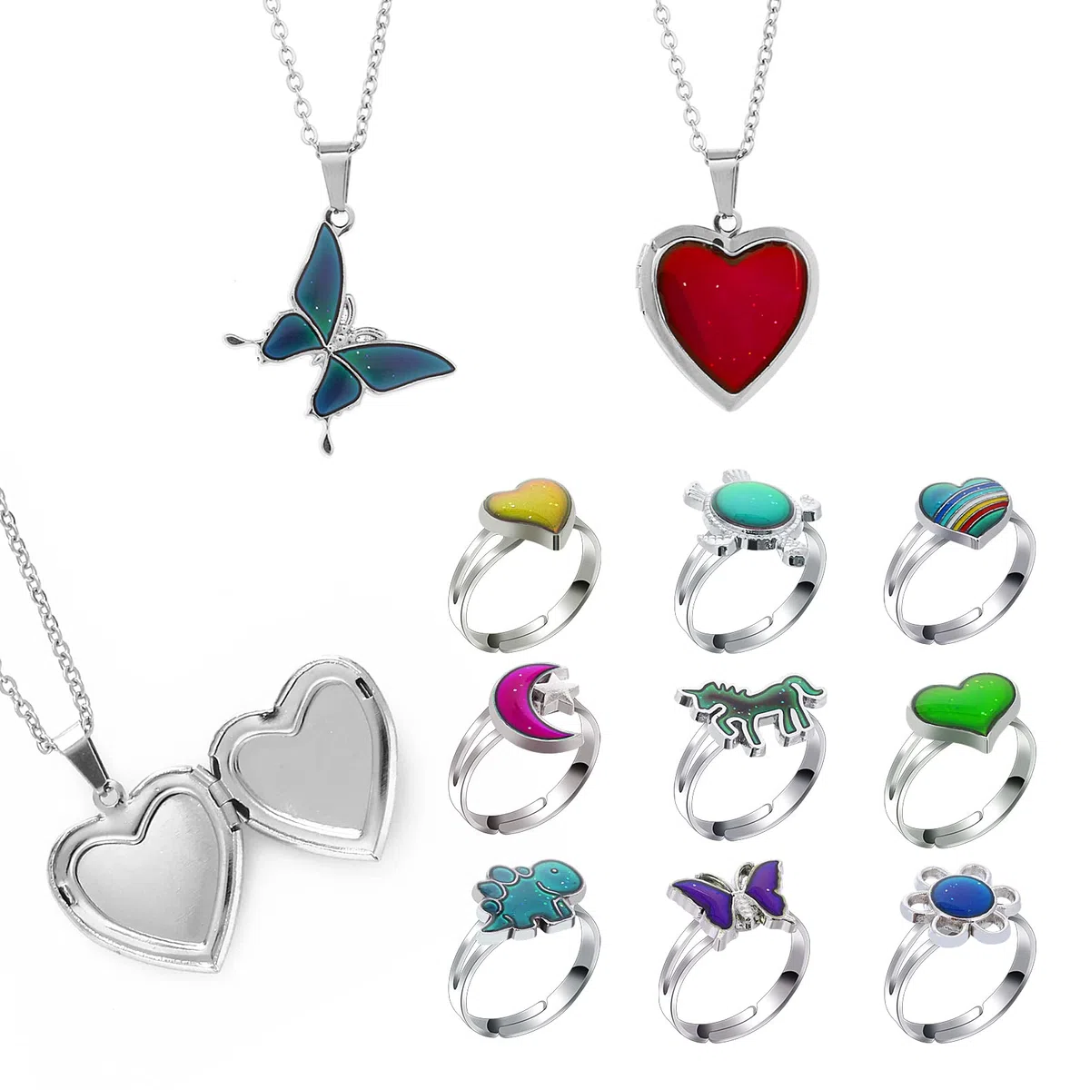 Yolev 9 Pezzi Anello Cambia Colore Umore 2 Pezzi Collana Umore Cambia Colore Anelli Che Cambiano Colore Misura Regolabile Set di Anello Mignolo Donna l'Umore Collana a Cuore Accessori per Costumi