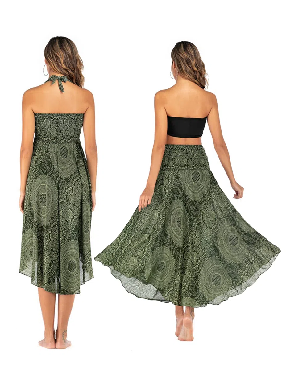 Donna Vestiti da Spiaggia Senza Maniche Eleganti 2 in 1 Gonna Stampa Boho Casual Estivo Arricciato Maxi Abito Taglia Unica