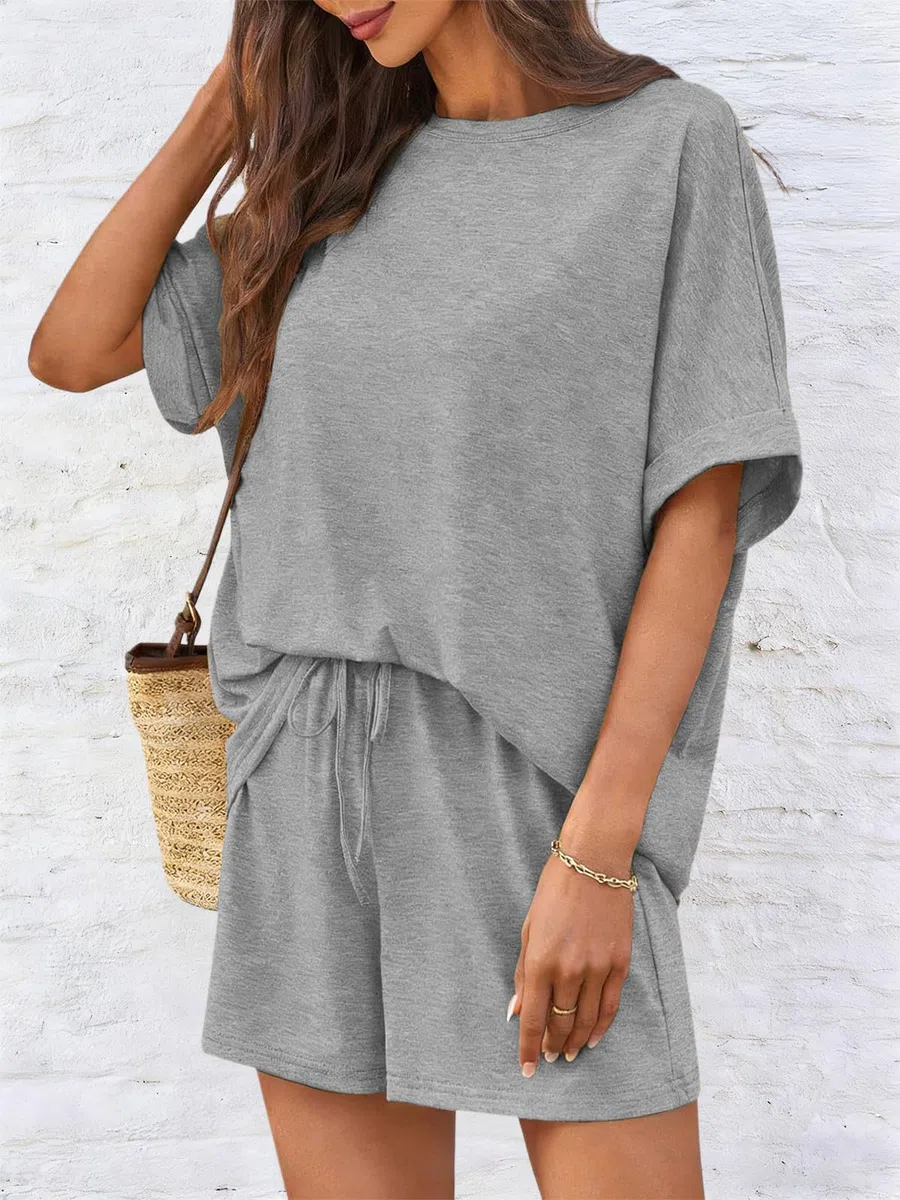 Tuta da Donna Estiva 2 Pezzi Girocollo a Maniche Corte a Pantaloncini Vita Alta con Tasche Completo Sportiva Due Pezzi Casual