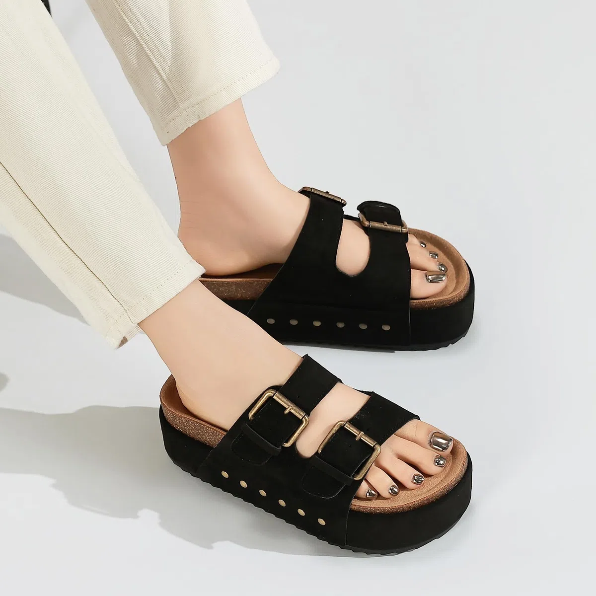 Ciabatte Donna Estive Sandali Sughero Plantare Doppia Fibbia Moda Mules Clogs Sandali Antiscivolo Gomma Suole Pantofole Spiaggia Scarp Comfort da Casa