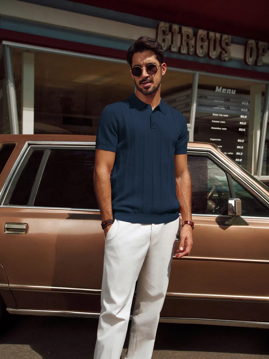 PJ PAUL JONES Polo da uomo a maniche corte, in maglia, con bottone, polo da golf