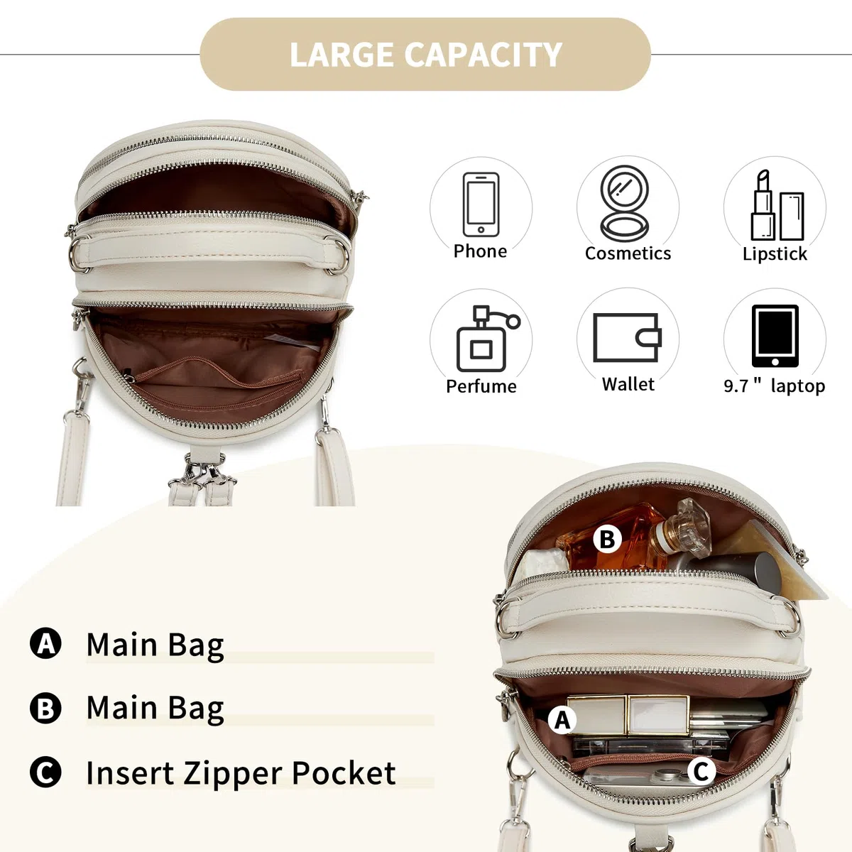 Miss Lulu Zaino Donna in Pelle PU Impermeabile, Zaino da Viaggio Piccolo e Leggero con Cinturino Rimovibile, 4 Tasche con Zip