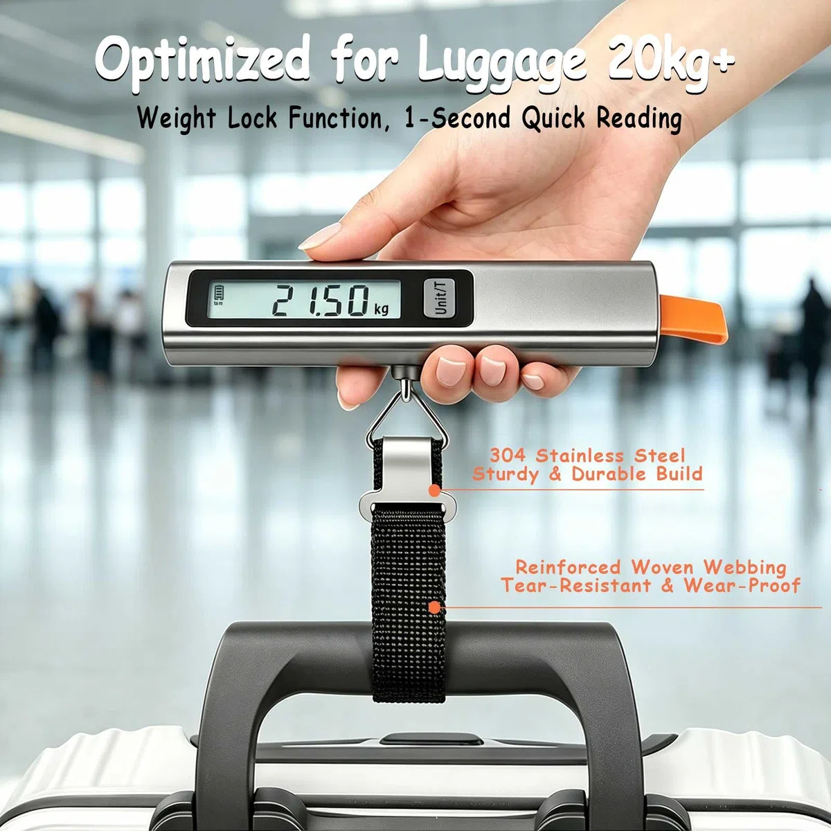 QL bilancia per valigie per viaggi senza batterie, 6 funzioni, Tara, conversione unità, blocco peso, display LCD digitale, fino a 50 kg/110 libbre, bilancia per bagagli per valigie adatta per viaggi