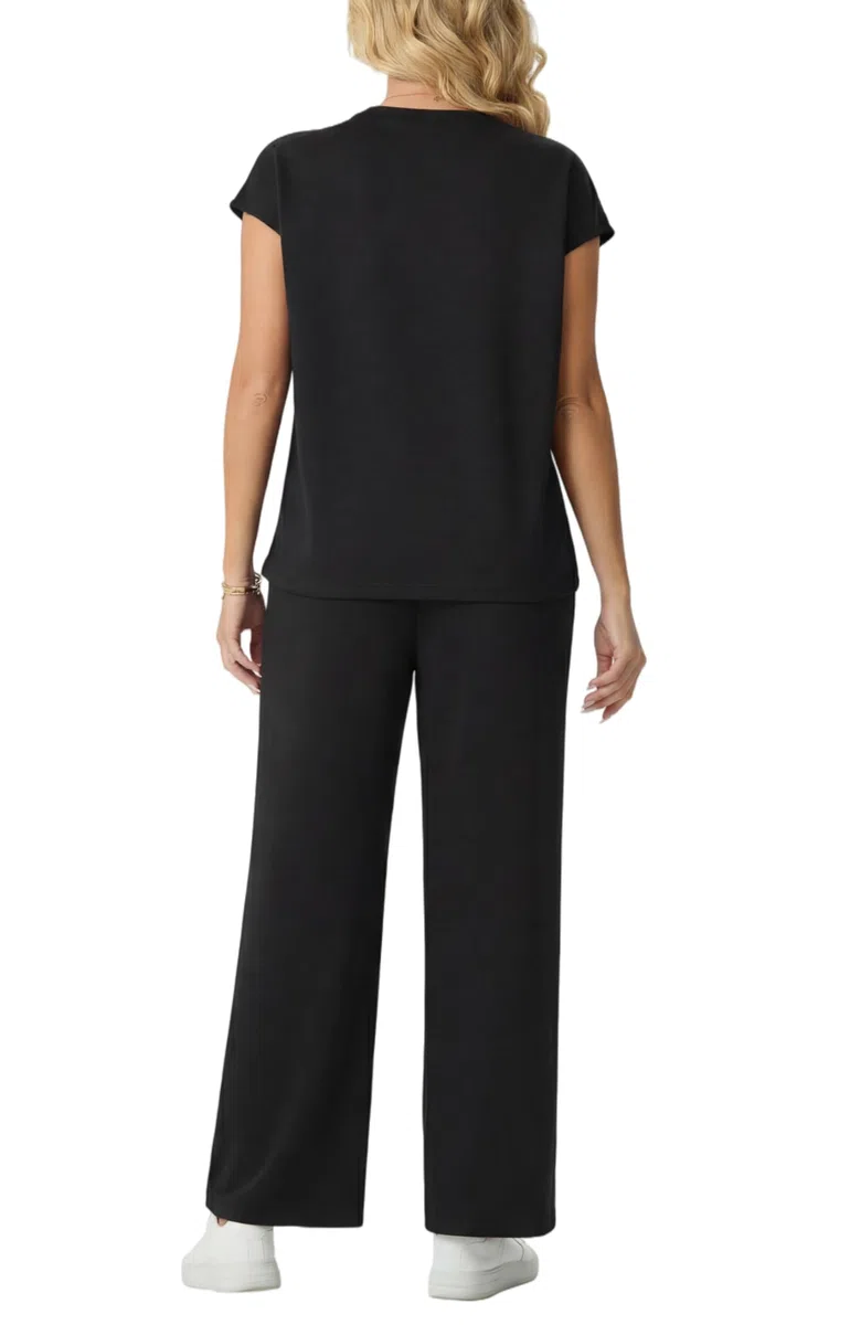 GRECERELLE Tuta da donna estiva da viaggio in due pezzi tuta da donna set completo a maniche corte casual girocollo manica ad aletta anteriore Plisse set abbinati pantaloni a gamba larga