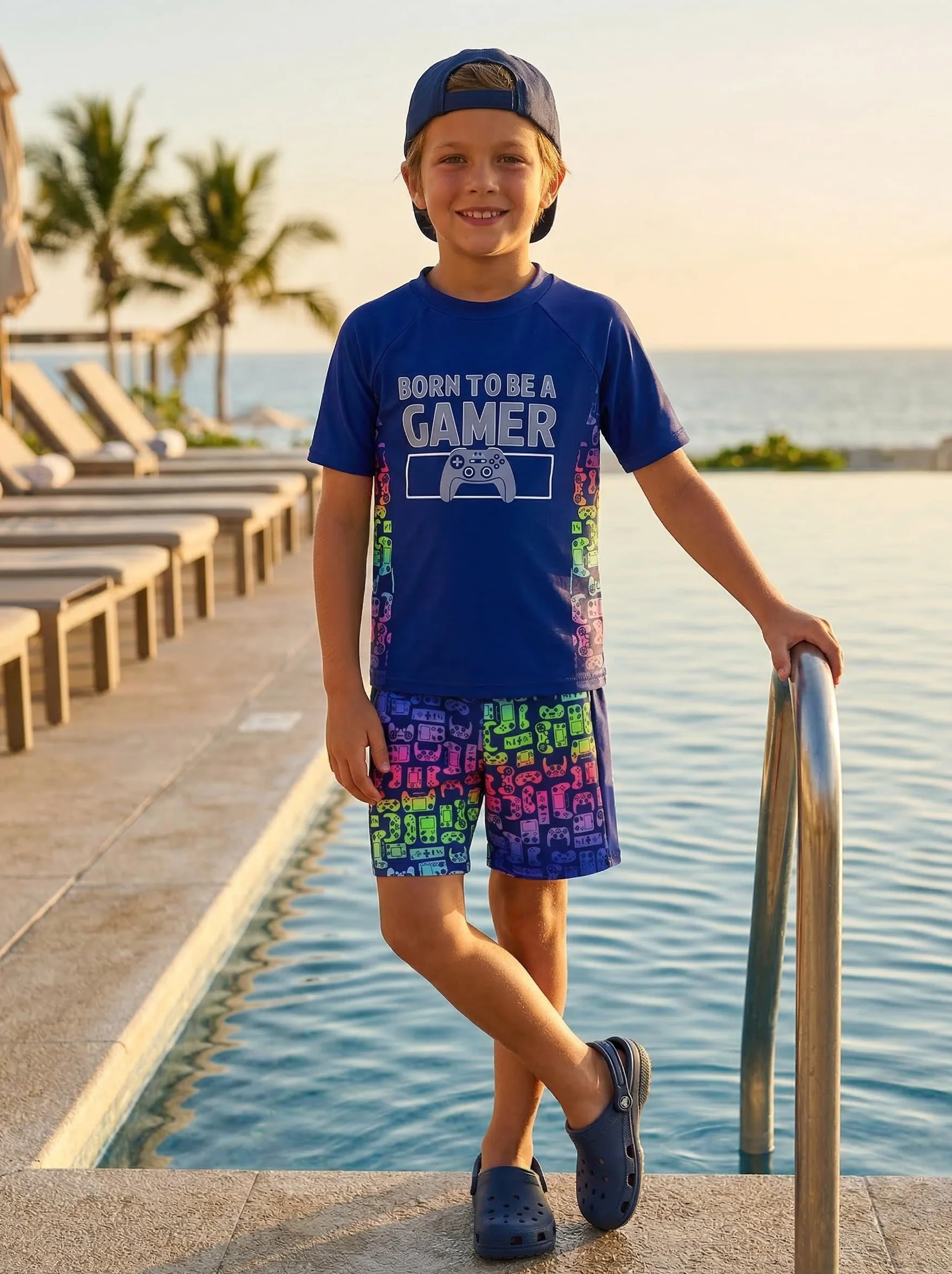 JiAmy Costume da bagno da gioco per ragazzi, set da 2 pezzi, con maglietta a maniche corte e costume da bagno con pantaloncini da bagno ad asciugatura rapida, protezione dai raggi UV, per bambini dai