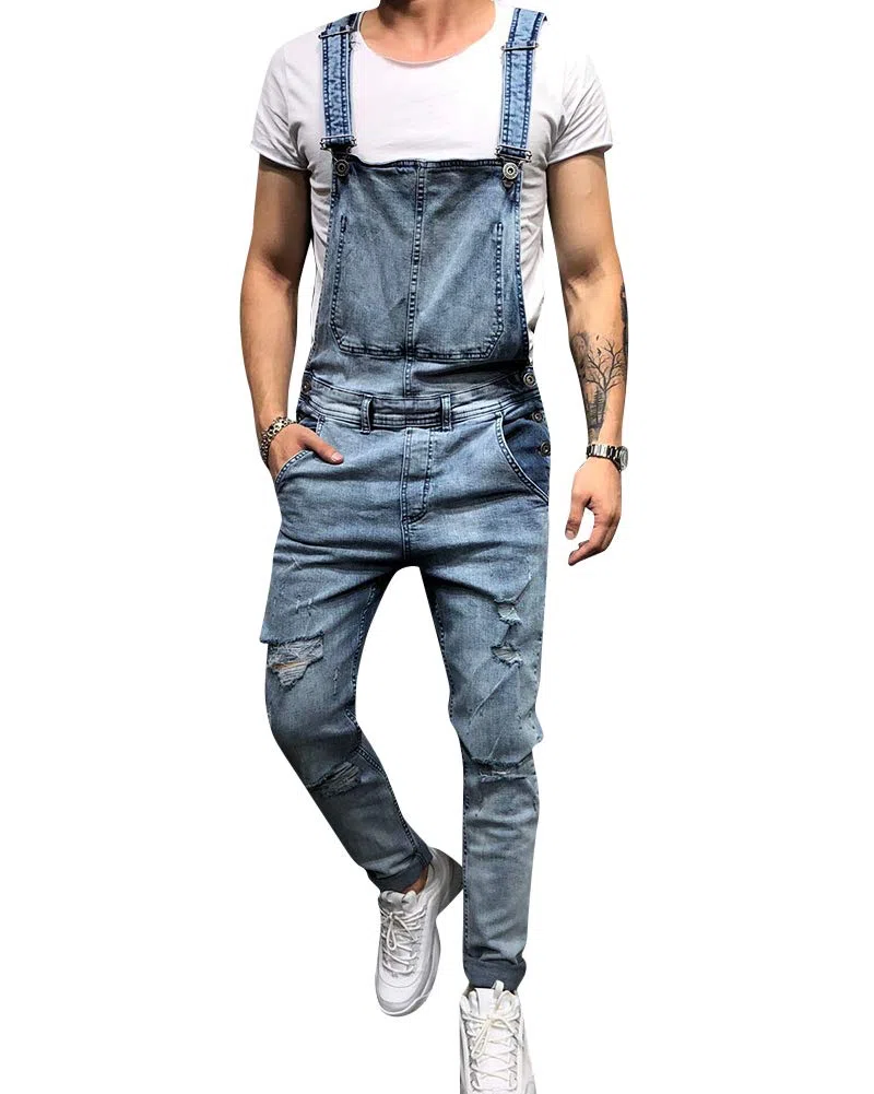 Salopette di Jeans da Uomo vestibilità Slim Jeans Lunghi Casual Pantaloni in Denim Tute