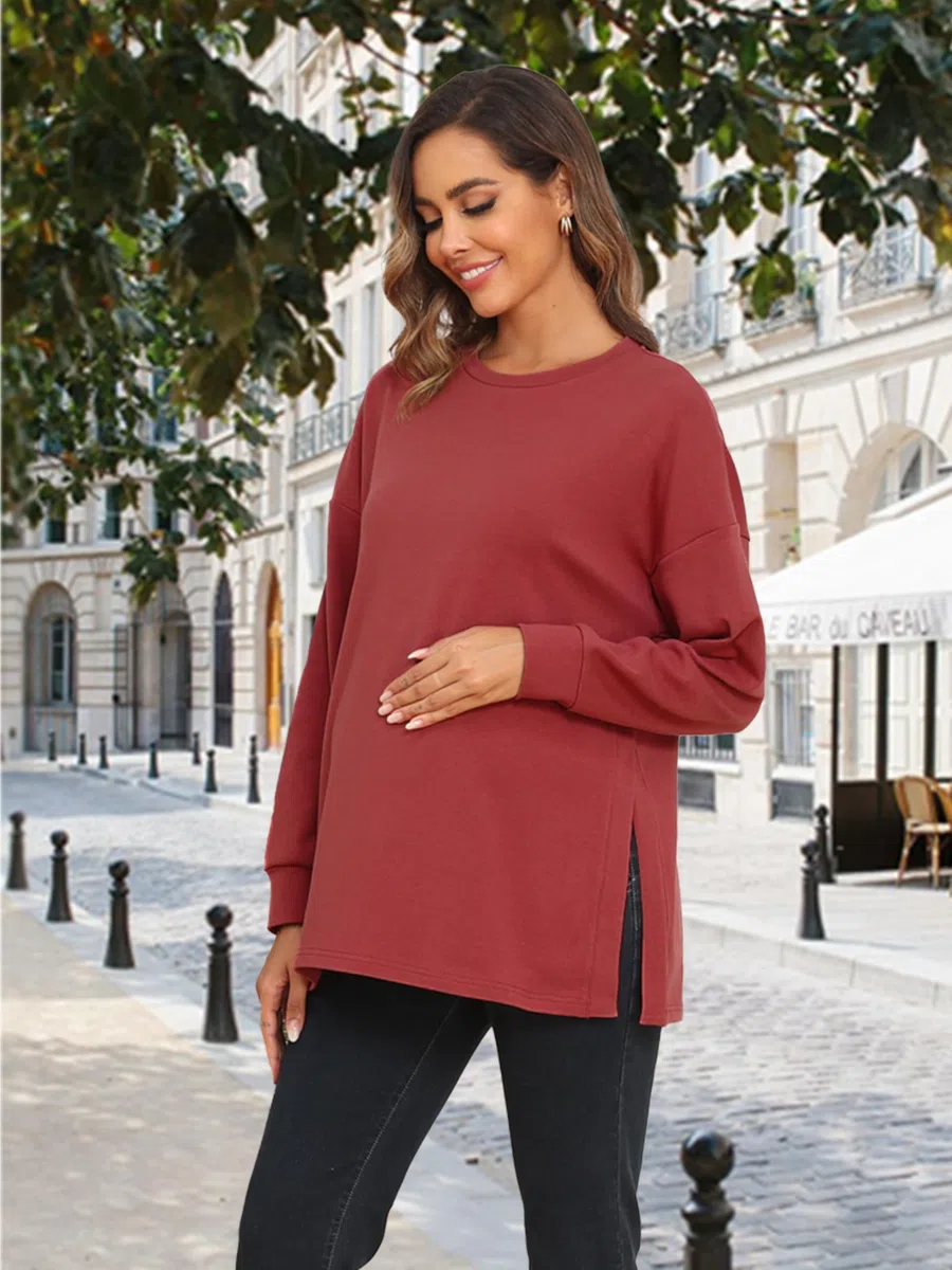Top premaman da donna a maniche lunghe, vestibilità ampia, maglietta premaman con spacco laterale, abbigliamento premaman
