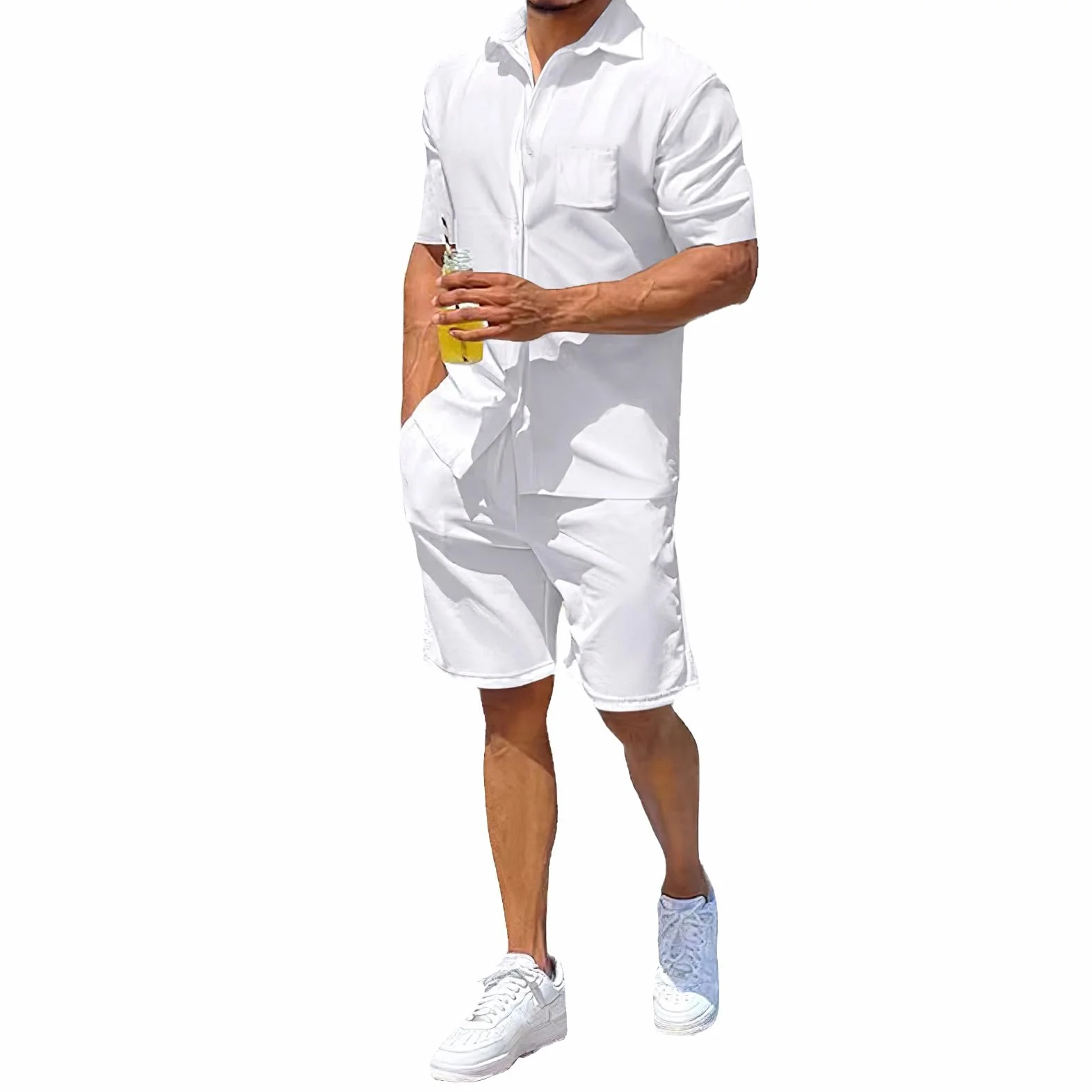 amropi Tuta Uomo Sportiva 2 Pezzi Maniche Corte Camicia Bottone e Pantaloncini Estiva Completo