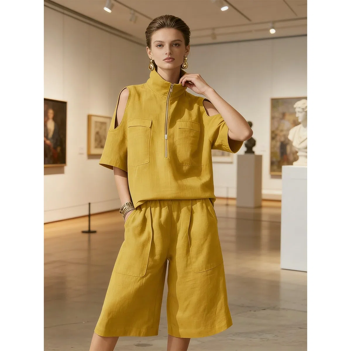 amropi Completo Estivo 2 Pezzi Donna Camicia a Maniche Corte Spalle Scoperte con Scollo a V Cerniera e Pantaloni Cropped a Gamba Larga Set Casual Tuta