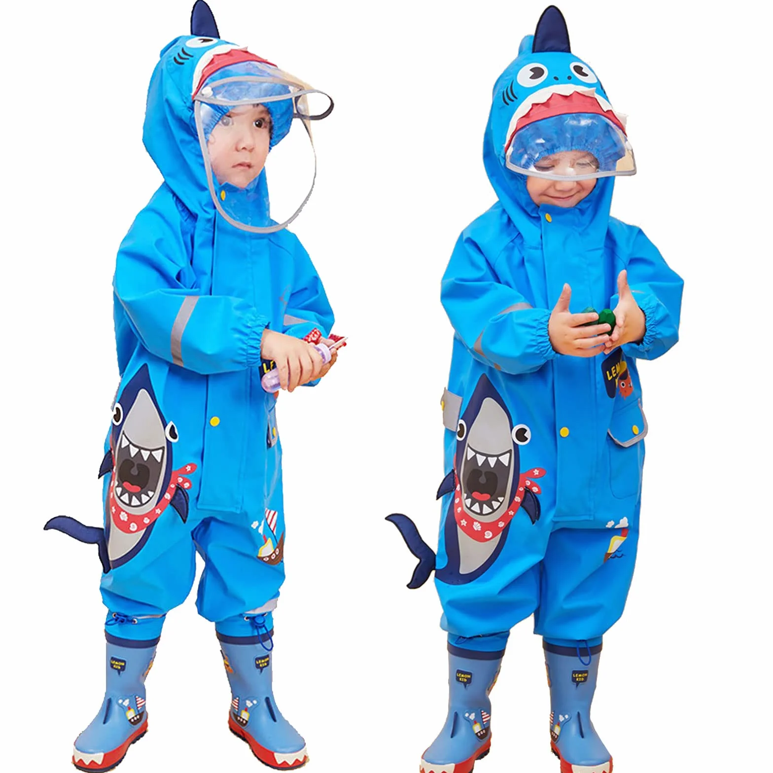 JinBei Vestiti per bambini Ragazzi Ragazze All in One Impermeabile con Cappuccio Impermeabile Unisex Leggero Carino Modello 3D Rainsuits Poncho Traspirante Cappello Trasparente Strisce Riflettenti