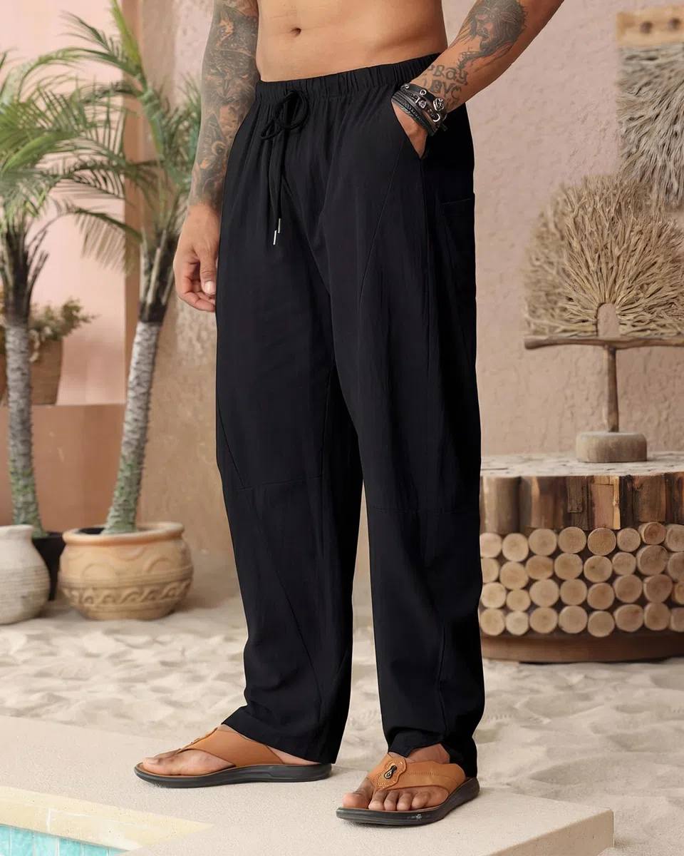 Pantaloni Uomo Lino Pantalone da Spiaggia Hippy Harem Pantaloni Elastico Cotone Estivi Lunghi Pantalone