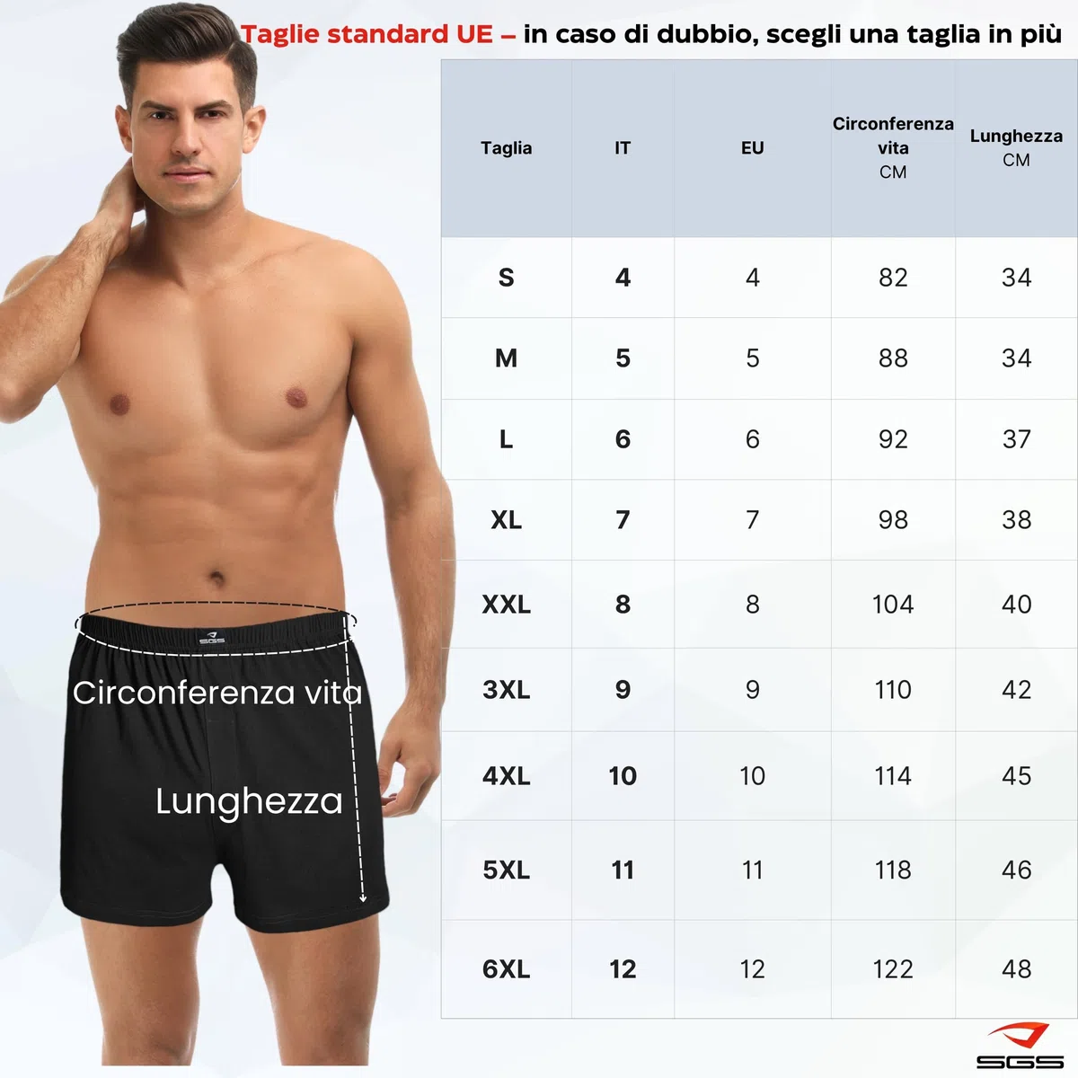 SGS Boxer Uomo Morbidi e Larghi - Mutande Uomo a Pantaloncino in 100% Cotone, Mutande a Pantaloncino, Confezione da 10 o 6 - Boxer Uomo Cotone di Tela