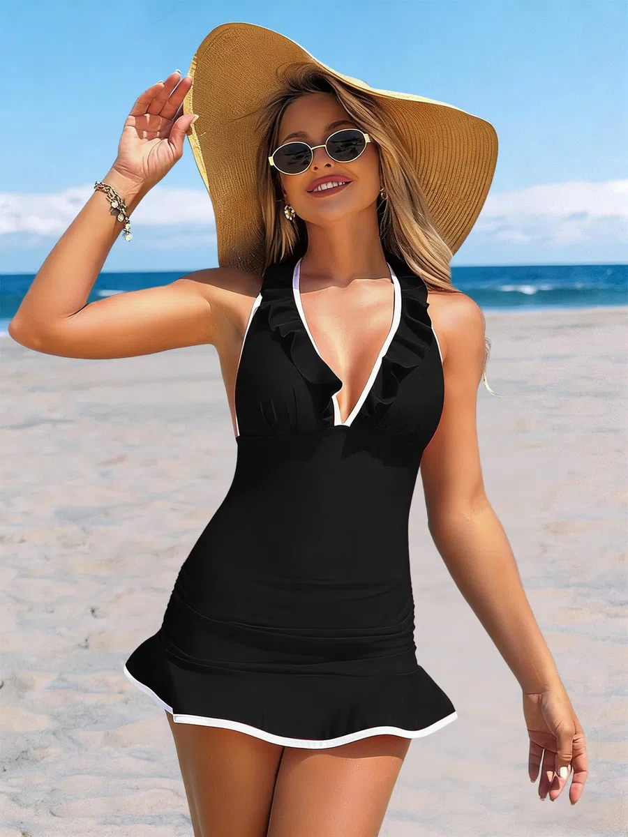 JFAN Tankini Donna Mare Curvy Costume da Bagno Due Pezzi Scollo V e Volant Tankini Gonna con Slip da Bagno