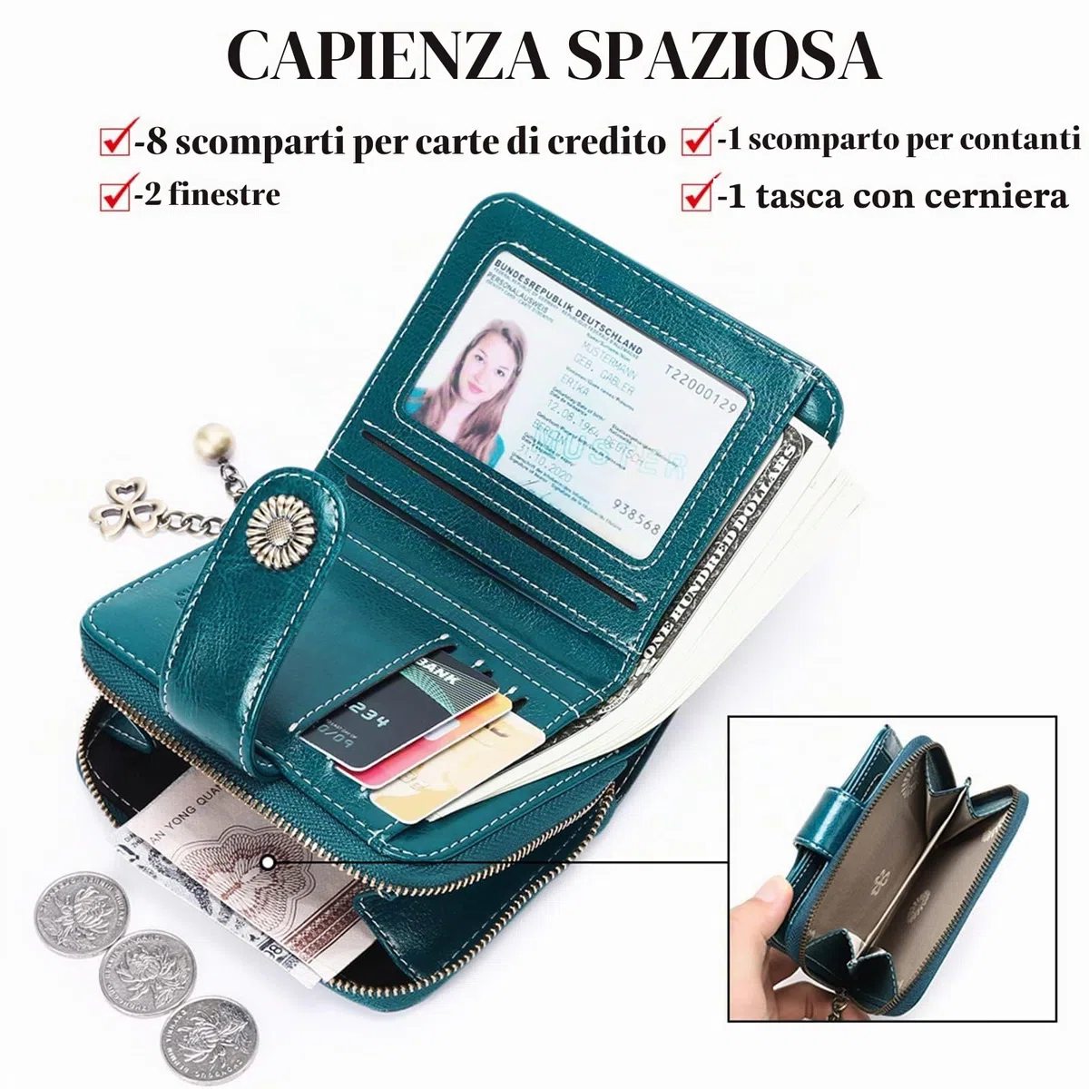 SENDEFN Portafoglio Donna in Pelle Vegana di Blocco RFID in Pelle Corto Portamonete per Donna con 8 Scomparti per Carte 2 Finestra di Identificazione,Metallo Pendente e 1 Tasca con Cerniera