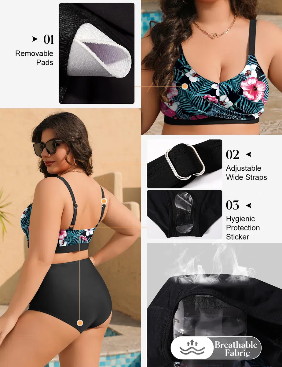Tuopuda Costume Donna Due Pezzi Taglie Forti Push Up Imbottito Reggiseno Costumi da Bagno Bikini Mare a Spiaggia Piscina Curvy Swimwear Regolabile M-4XL