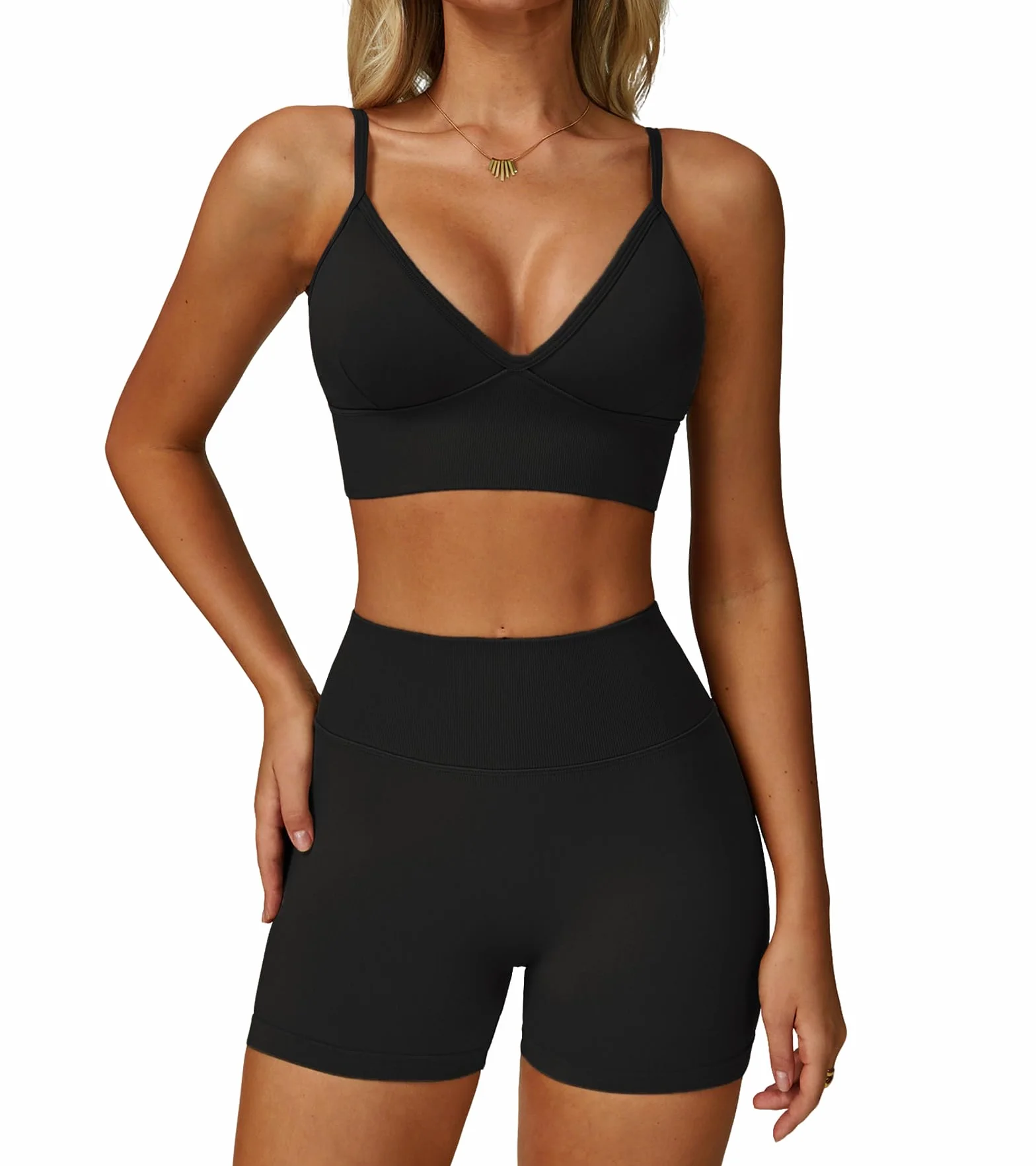 Sportivo Set Donna Palestra Costine Outfit Set Yoga Spalline Allenamento Fitness Abbigliamento Reggiseno Scollo a V Schiena Scoperta Abbinato Pantaloncini Scrunch Abbigliamento Senza Cuciture