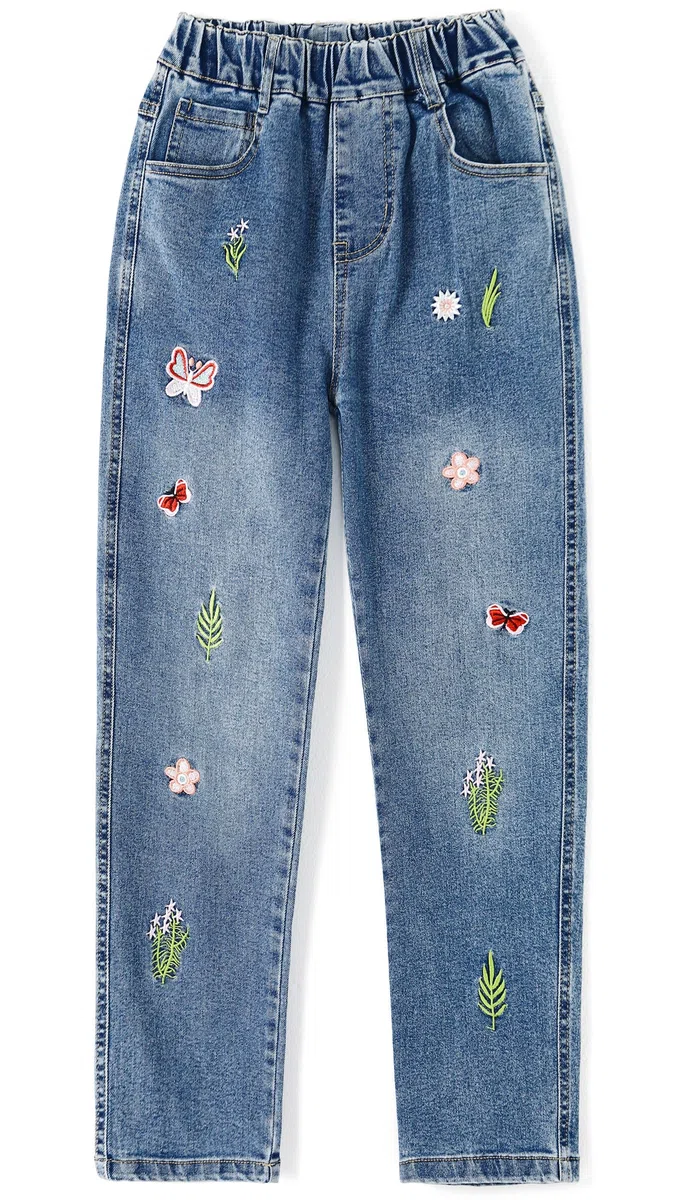 KIDSCOOL SPACE Jeans Ricamati da Bambina,Pantaloni con Fondo in Denim Elasticizzato in Vita da Bambina