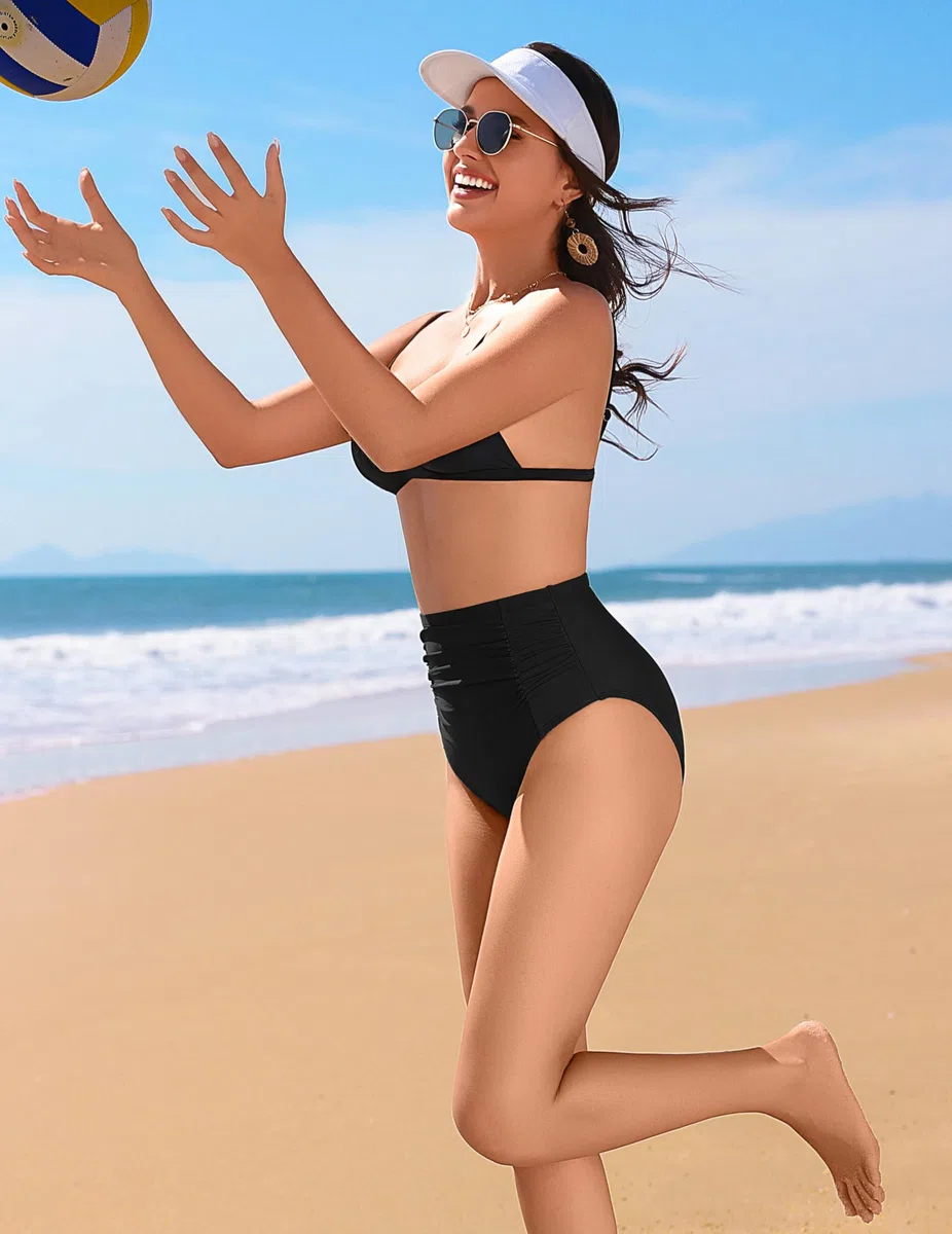 Ekouaer Slip Costume Donna Vita Alta Bikini Arricciati Costumi da Bagno Donna Controllo Pancia Pantaloncino S-XXL