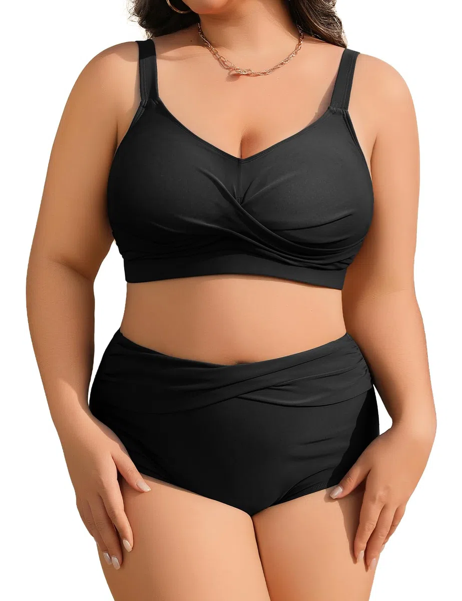 heekpek Costumi da Bagno Donna Taglie Forti Due Pezzi Vita Alta Push Up Bikini Mare Imbottito Costumi Mare da Donna Scollo a V Costume per Seno Grande