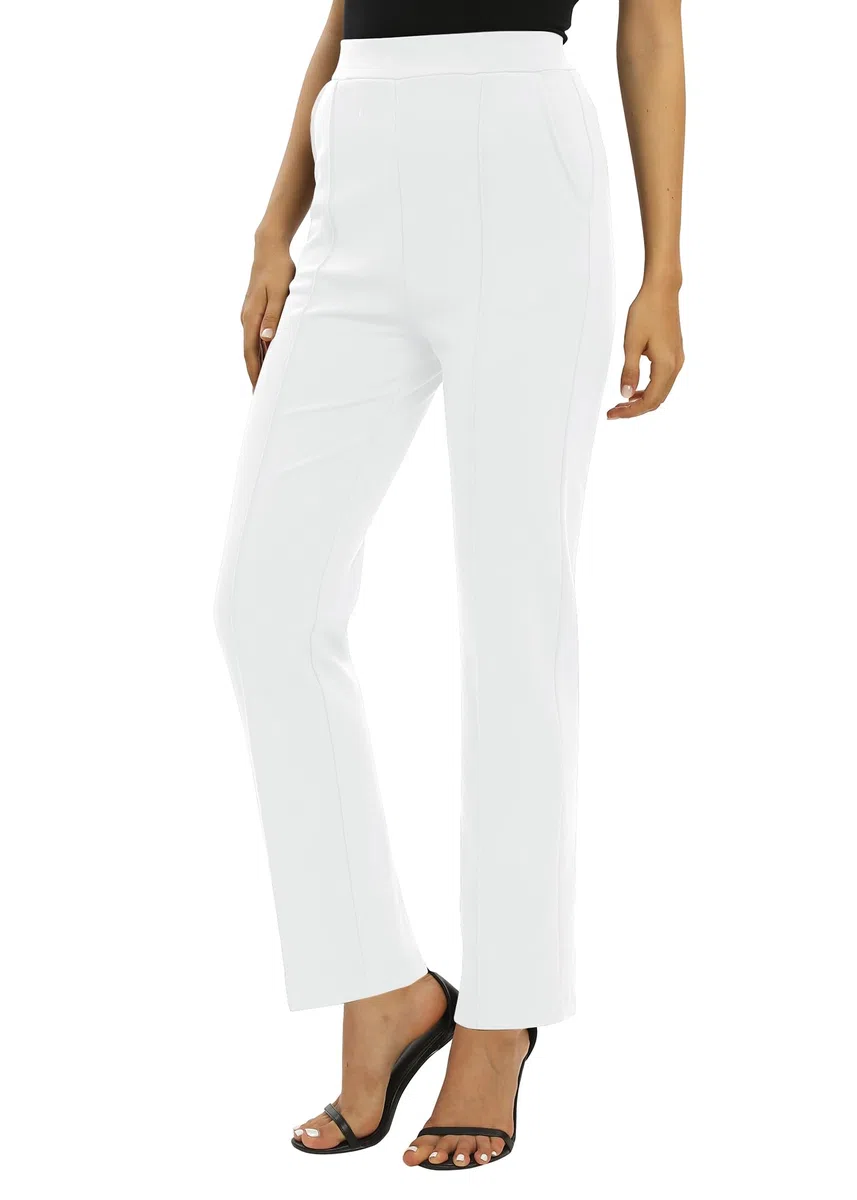 EXCHIC Donne Ufficio Casual Elastico Alta Vita Gamba Dritta Pantaloni con Tasche