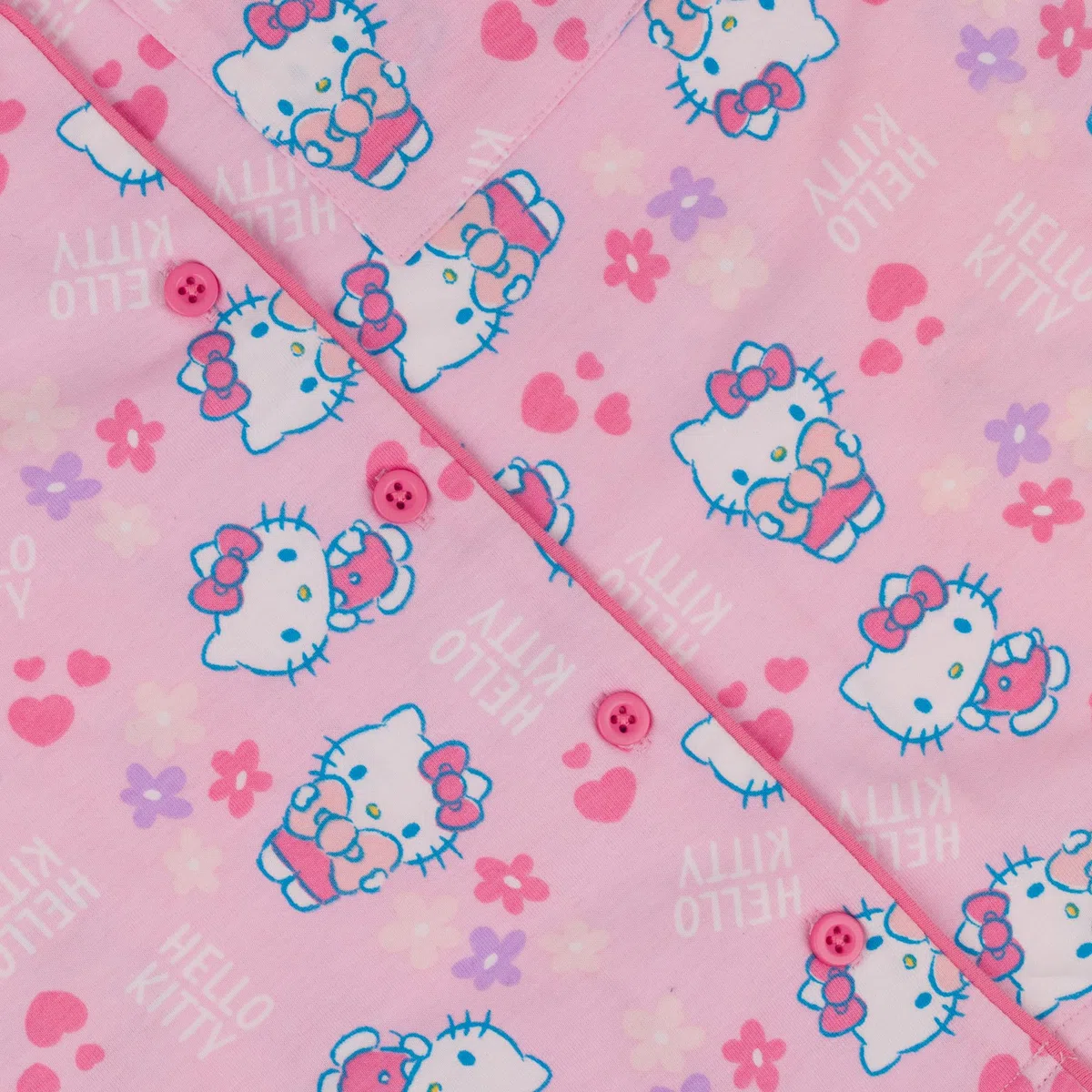 Hello Kitty, 100% Cotone con Bottoni Pigiama a Maniche Corte, Pink, Rosa