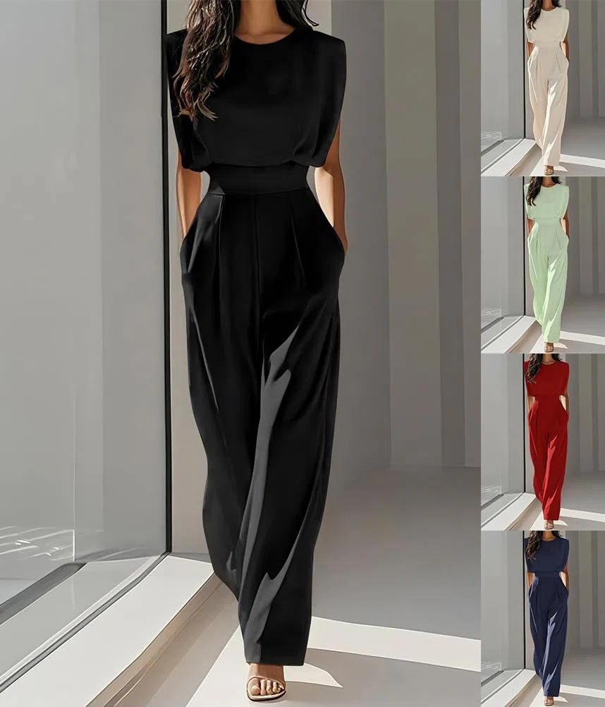 shownicer Tuta da Donna Elegante Senza Maniche Girocollo Jumpsuit Pantaloni a Gamba Larga Tinta Unita Playsuit