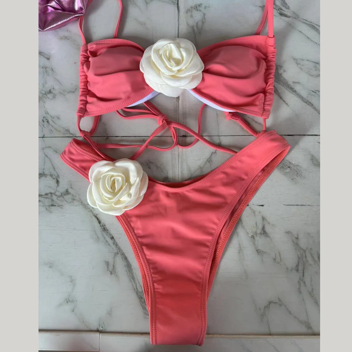 Costumi da bagno da donna a due pezzi con fiori 3D, taglio alto, push-up, costumi da bagno con spacco, per costumi da bagno da spiaggia