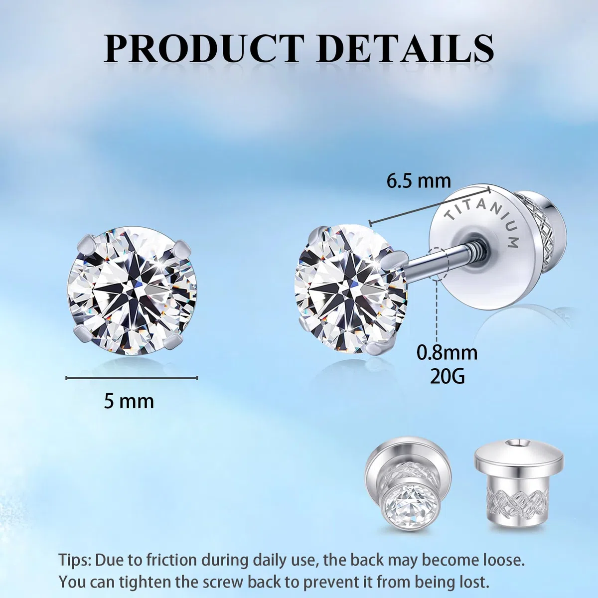 limerencia G23 Orecchini in Titanio Orecchini Uomo Diamante con Retro a Vite,Orecchini Anallergici con Zircone Cubica per Donna Bambina,Orecchini Senza Nichel per Orecchie Sensibili