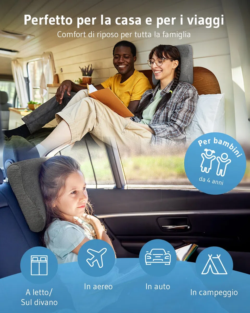 Cuscino cervicale da viaggio ONDA, Cuscino da viaggio in memory foam, Cuscino da campeggio adatto per adulti e bambini, Cuscino piccolo di sostegno per il collo perfetto per viaggi in aereo o macchina