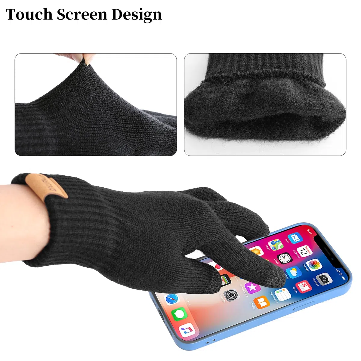 Cappello Sciarpa Guanti Set per Uomo Donna, Invernale Beanie Berretto in Maglia Scaldacollo Sciarpa con Fodera in Pile e Guanti Touch Screen (Nero)