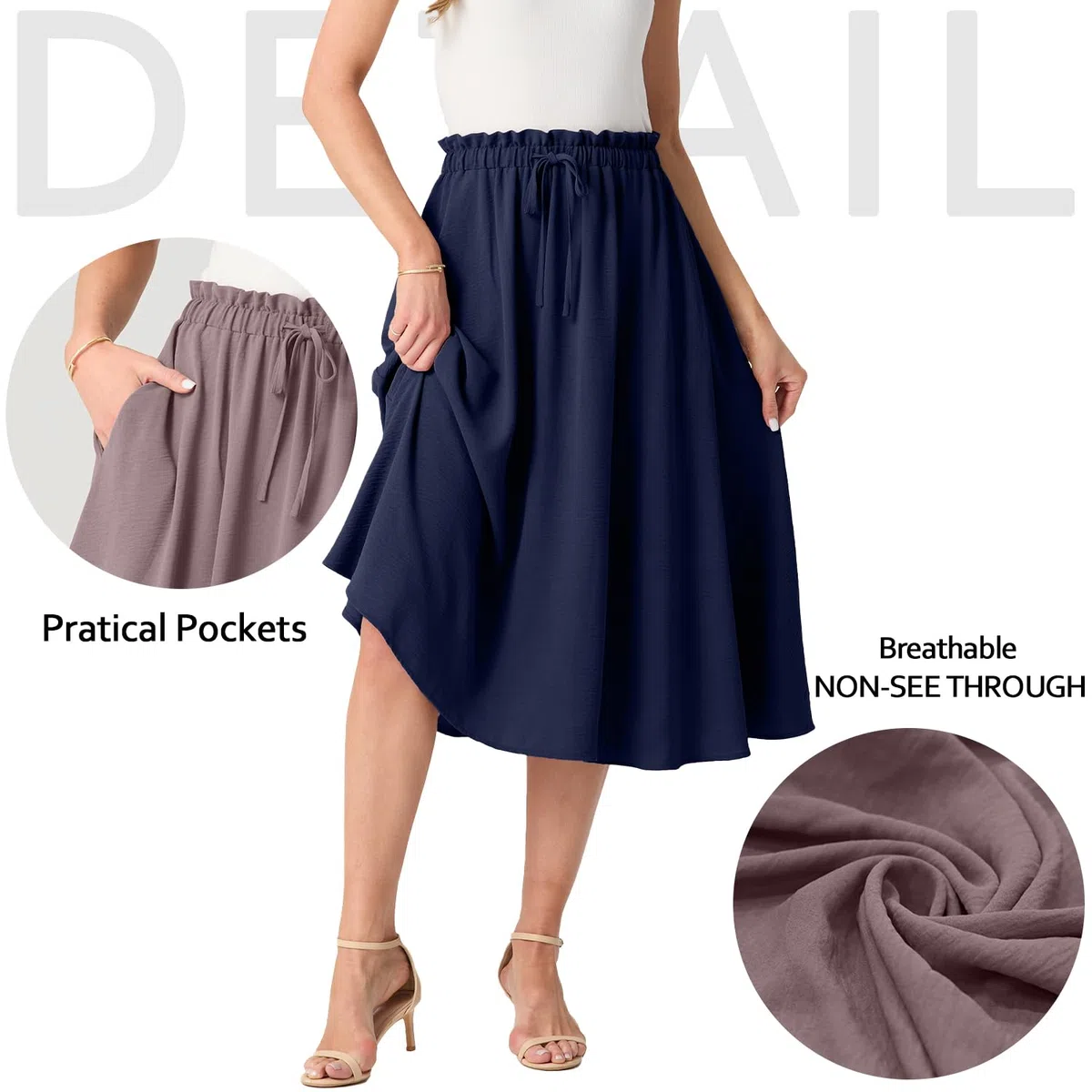 GRECERELLE Gonna midi estiva da donna, stile boho, fluida, casual, a vita alta, a palazzo, con tasche e cintura regolabile