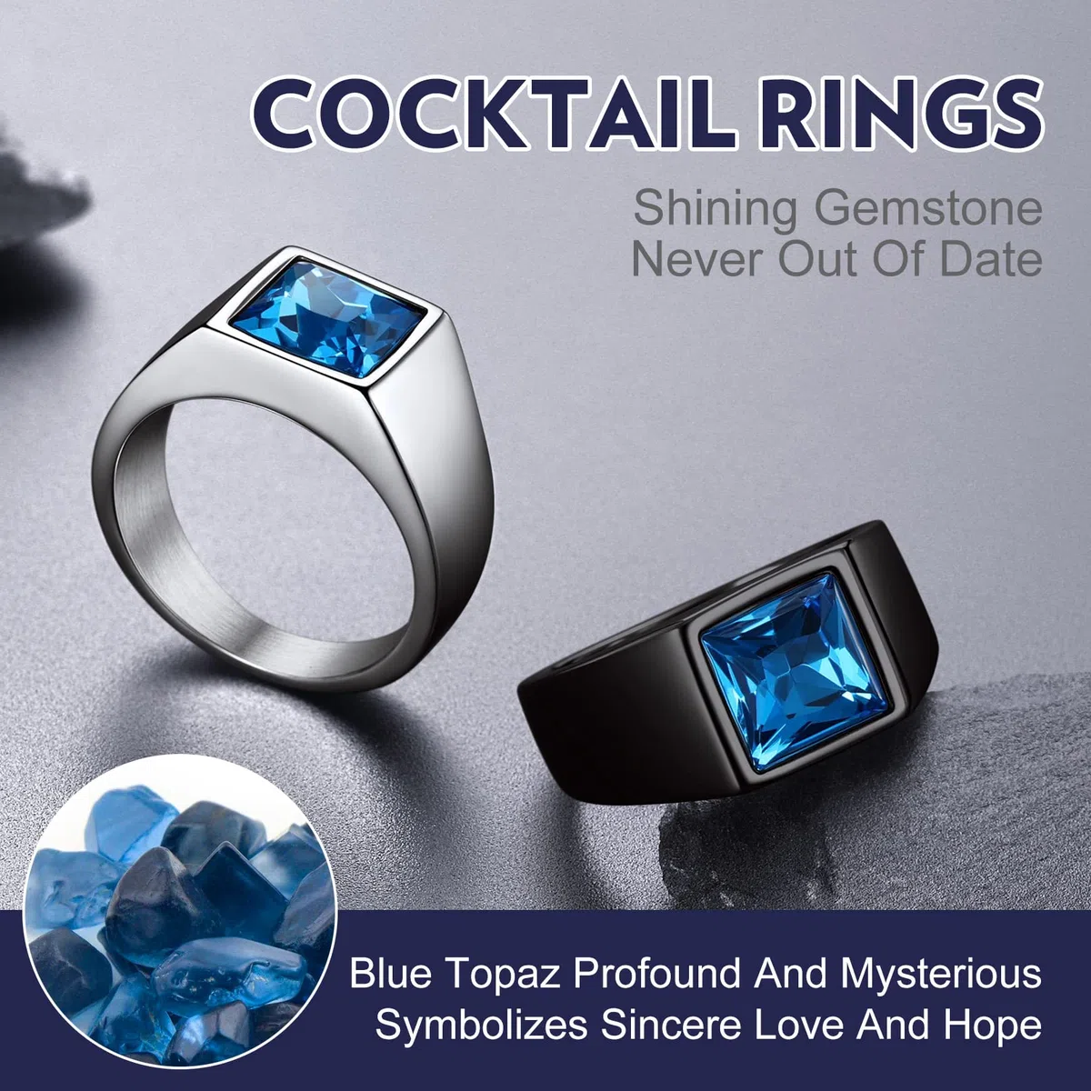 Bandmax Anello Uomo Donna in Acciaio Inossidabile, Anello Argento/Nero Uomo con Pietra Nero/Topazio Blu, 7-14 Misura Anello Ragazzo, Confezione Regalo