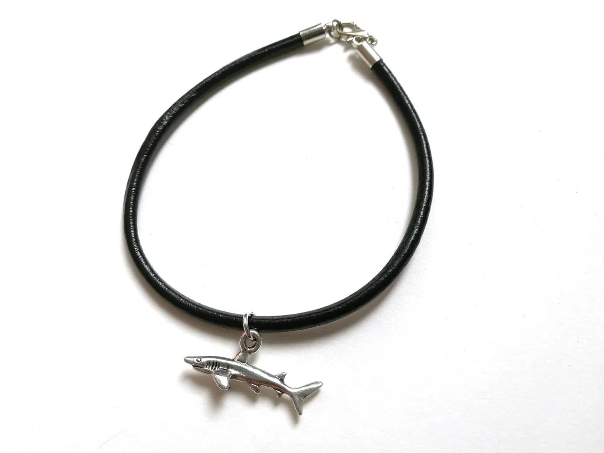 Miniblings Bracciale Squalo Nero Cinturino In Pelle Pesce Oceano Bianco