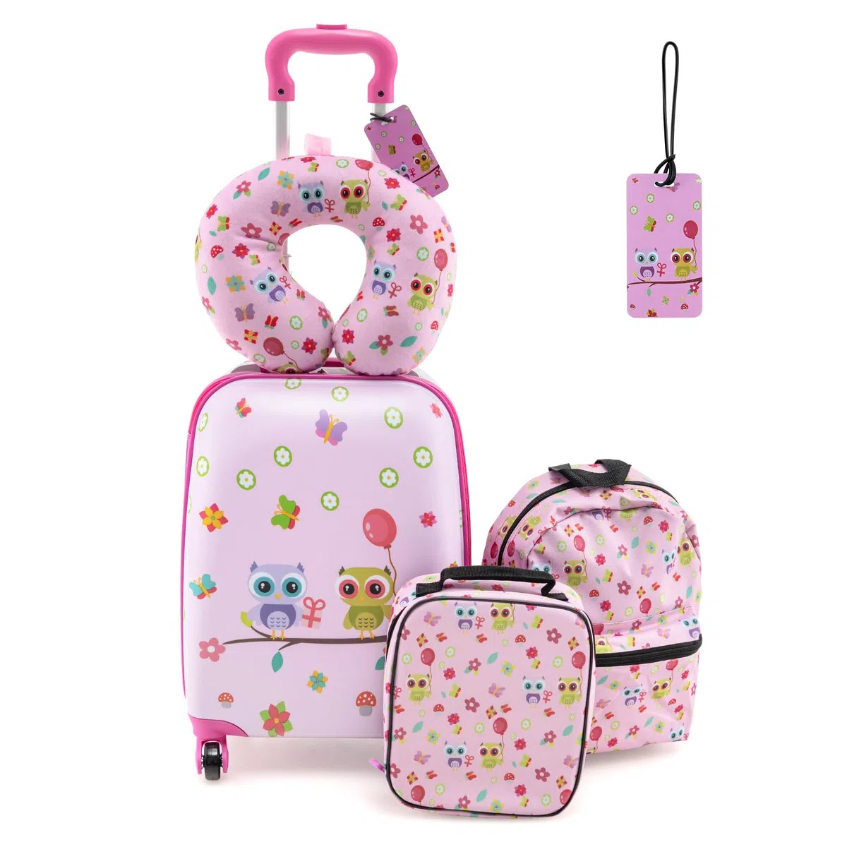 SOARS Set di 5 Pezzi Valigia 16’’ + Zaino 13’’ per Bambini, Bagagli 5-in-1 con Cuscino per Collo, Borsetta da Pranzo e Etichetta, Trolley con Maniglia Telescopica e Ruote Universali (Rosa Gufo)