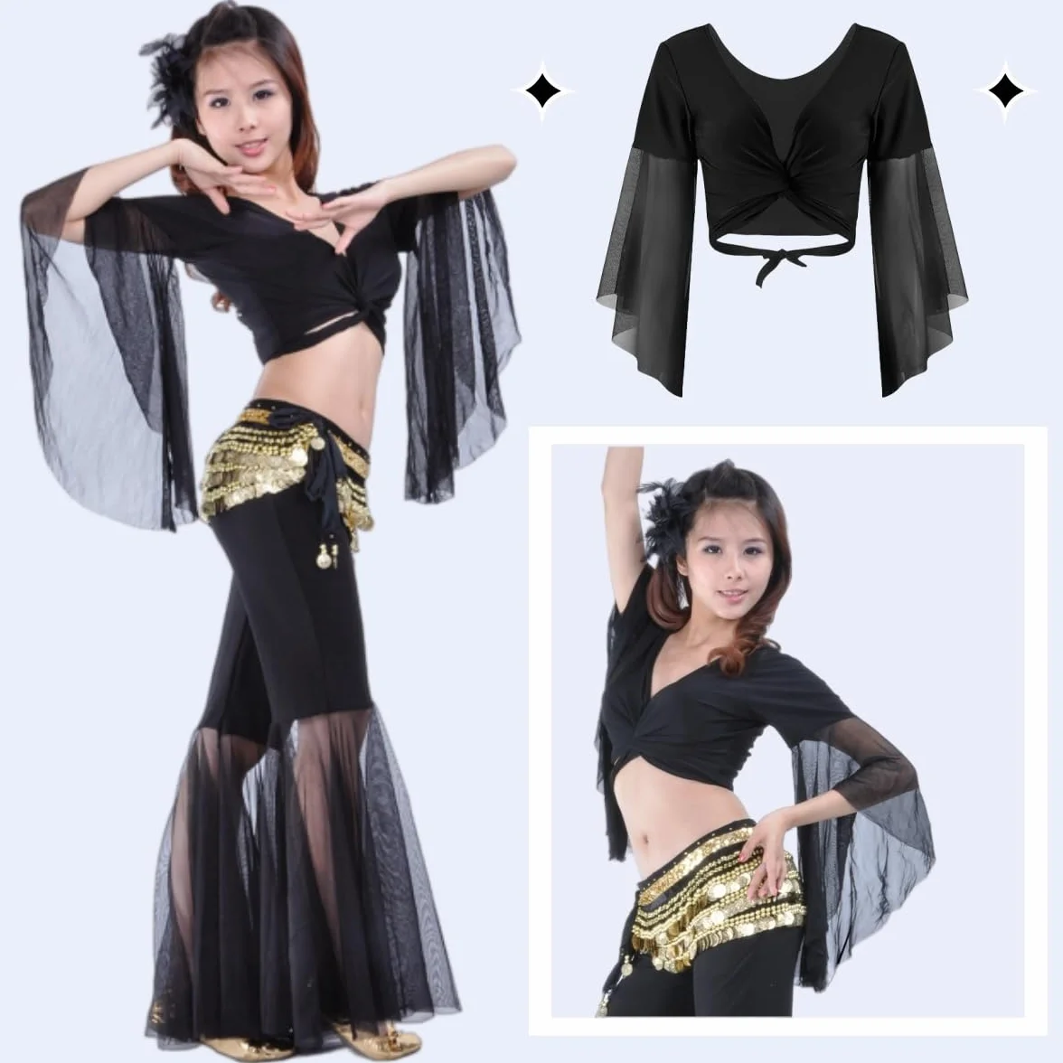 Top corto da danza con maniche svasate da donna, top avvolgente classica scollo V maniche 3/4 in tulle, camicia lacci per danza del ventre tribale, camicetta con nappe for annodare per abbigliamento