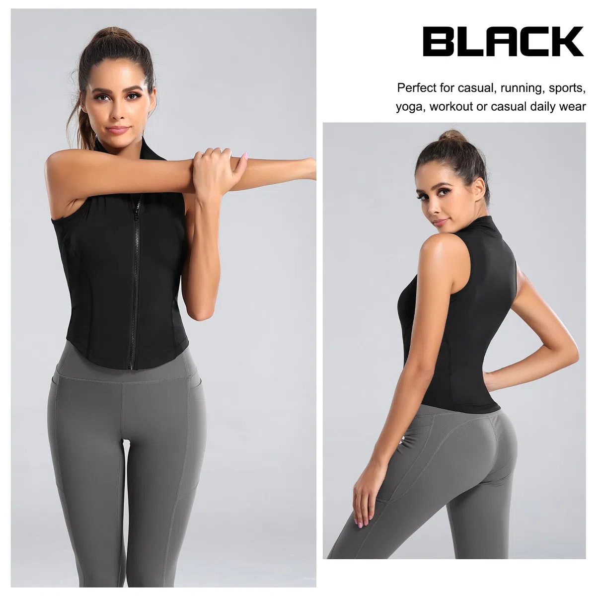 FEOYA Top Sportiva Senza Maniche da Donna Canotta Sportiva con Zip Intera Gilet da Yoga con Colletto Rialzato Estate Canotta Elasticizzate Slim Fit con Colletto Rialzato per Fitness Corsa Golf S-XL
