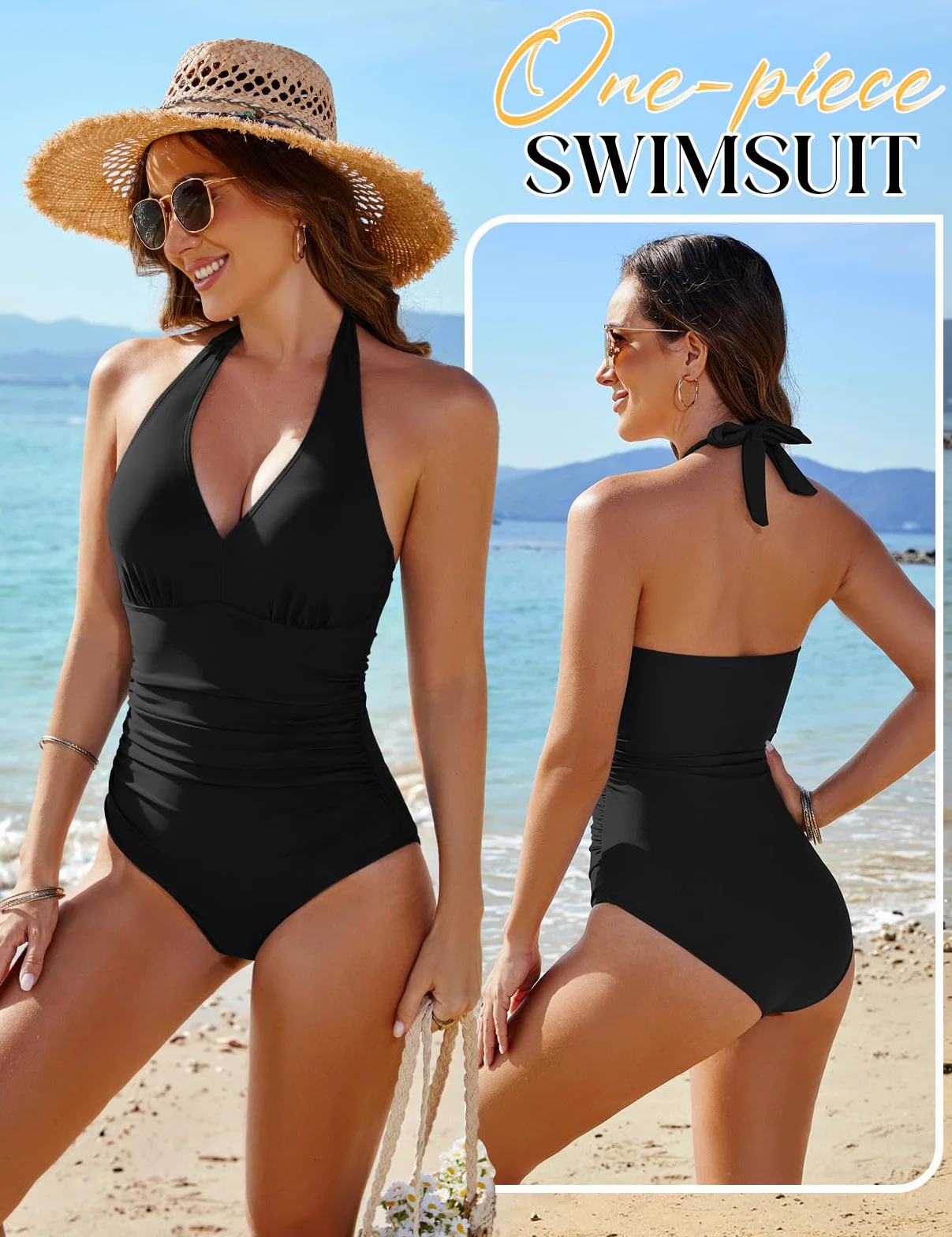 CMTOP Costume Intero Donna Contenitivo Scollo a V Costume da Bagno Push Up Imbottito Reggiseno Costumi Interi Curvy, Controllo della Pancia Vita Alta Costumi Mare Elegante Swimsuit