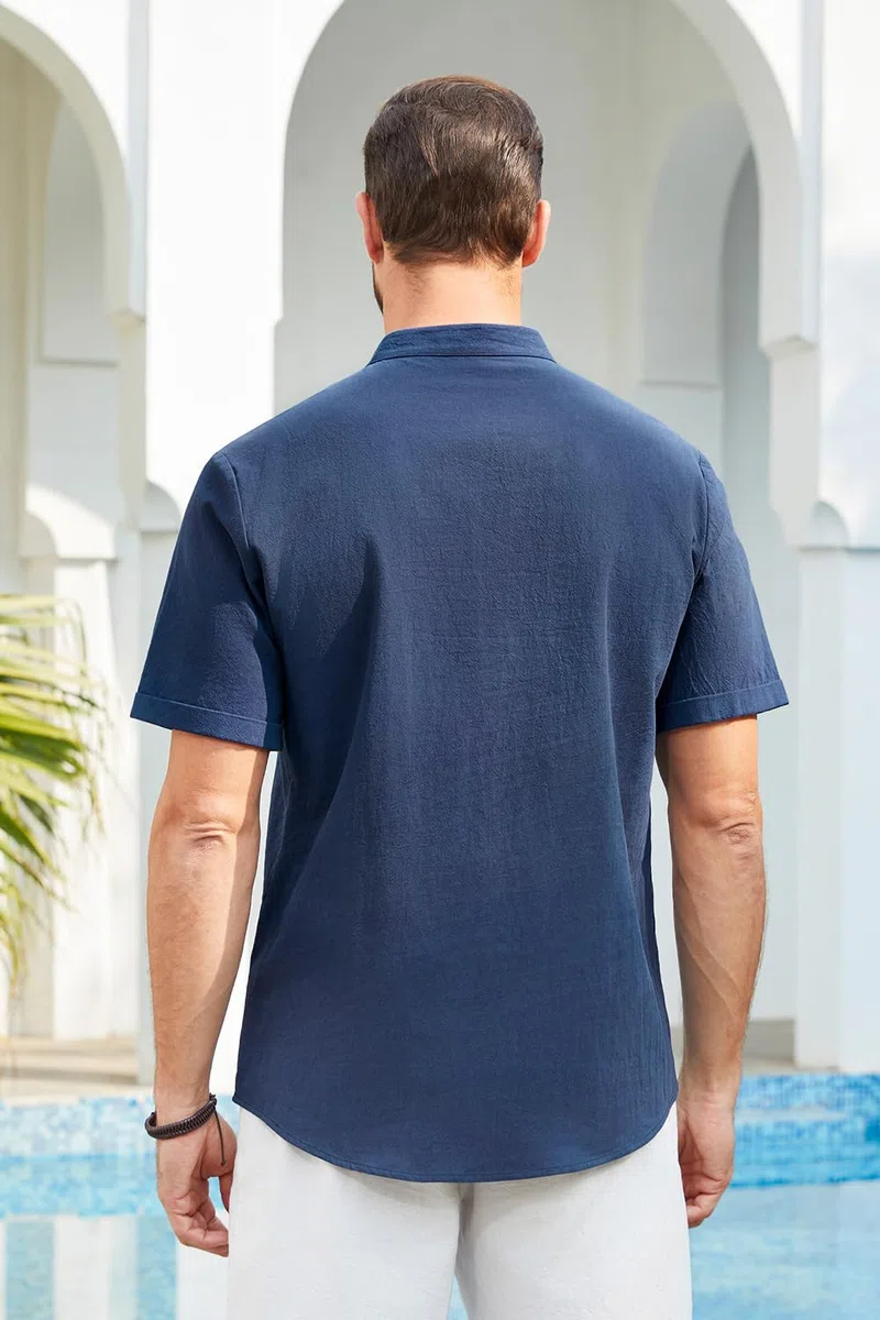 Enlision Camicia Lino Uomo Manica Corta Camicie Estive Uomo Collo Coreana Elegante Casual Spiaggia Ampia Maglietta Lino con Bottoni Henley Shirt